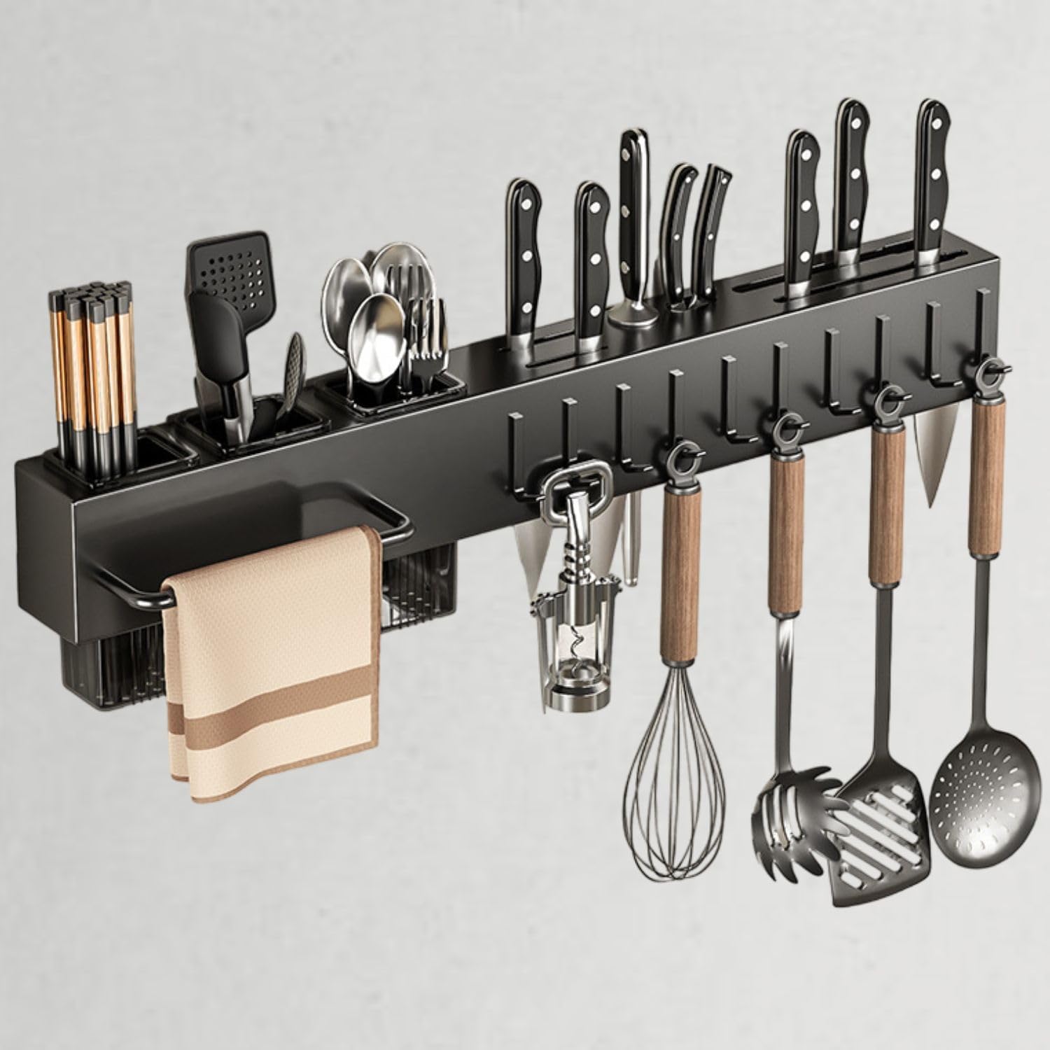 FunBlast Wall Mounted Shelf for Kitchen Utensils Rack with Towel Hanger, Spatula Ladle Hanging Hooks, Cutlery Holder, Floating Shelf for Kitchen Utensils – 60 x 7 x 6 cm