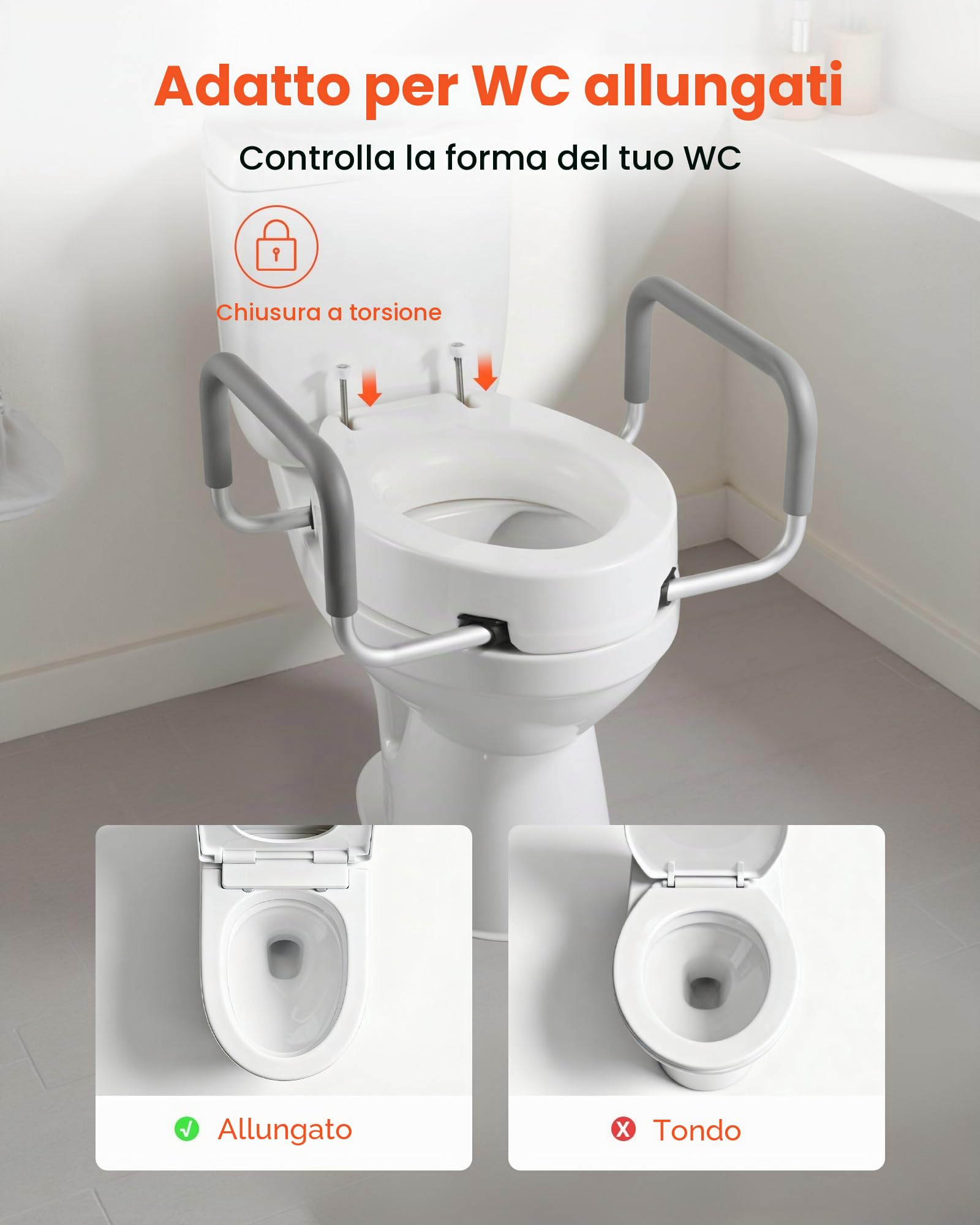 VEVOR Sedile WC Rialzato da Bagno con Capacità di Carico di 136 kg e Altezza di Sollevamento di 88,9 mm, Sedile WC Rialzato e Allargato Universale con Braccioli per Anziani, Disabili, Adulti