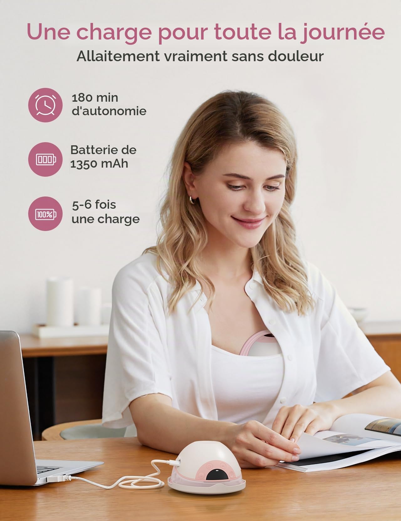 Paruu P20 Tire Lait Electrique Main Libre, Tire-Lait Portable avec 4 Modes et 12 Niveaux, Bride à Double Étanchéité de 19/21/24 mm, Visualisation du Temps et de la Quantité de Lait (1, Rose)