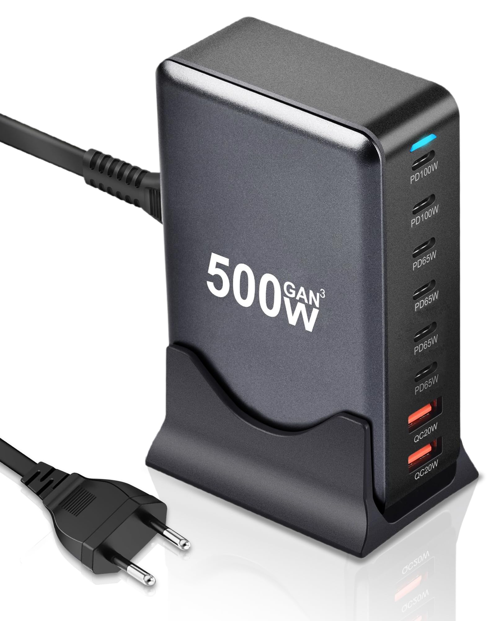 Caricatore USB C Multiplo 500W, Stazione di Ricarica Rapida 8 Porte | Porta USB Monocavo 100W Max (6 USB-C + 2 USB-A), Compatibile con MacBook Pro/Air, iPhone 16/15, Samsung, Dell, HP, Tablet