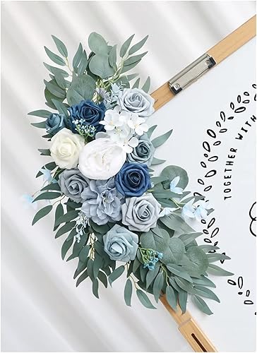 Miniatura 4 de Emivery Paquete de 2 guirnaldas de flores de color azul polvoriento, arco de boda artificial, arreglos florales de esquina de seda, letrero de