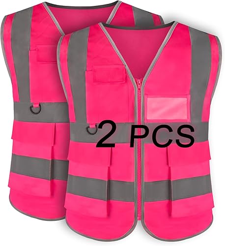 Chaleco de seguridad rosa para mujer, paquete de 2 chalecos reflectantes de alta visibilidad, neón, con bolsillos y cremallera