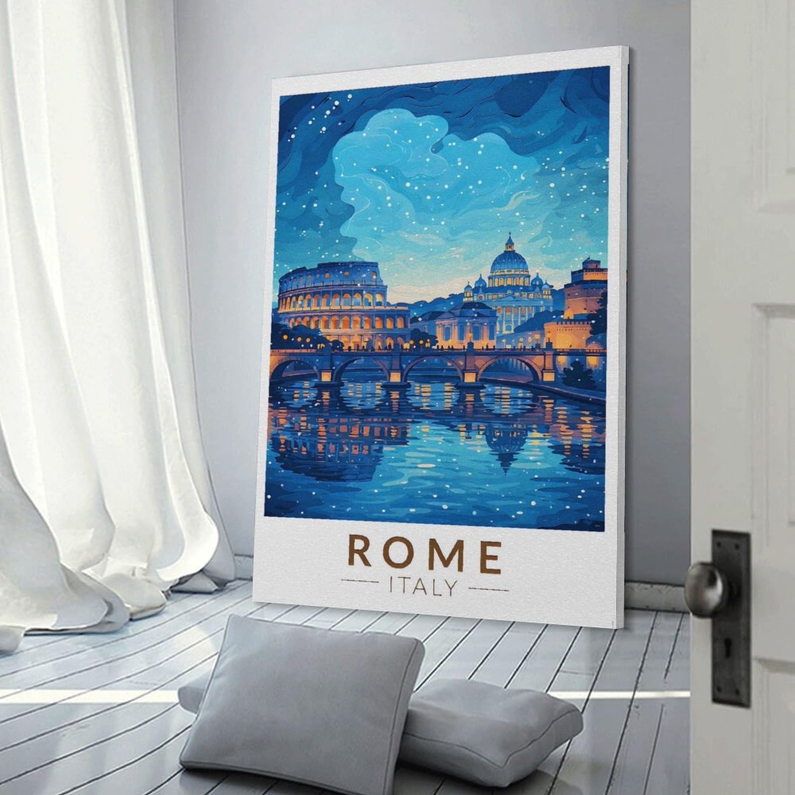 Junmoney Frame-Style-7-2 Canvas Art Print Rome Cityscape At Night, 12X18inch(30X45cm), For Office, Study Or Home Workspace, Wall Art That Adds Style To Work Areas
