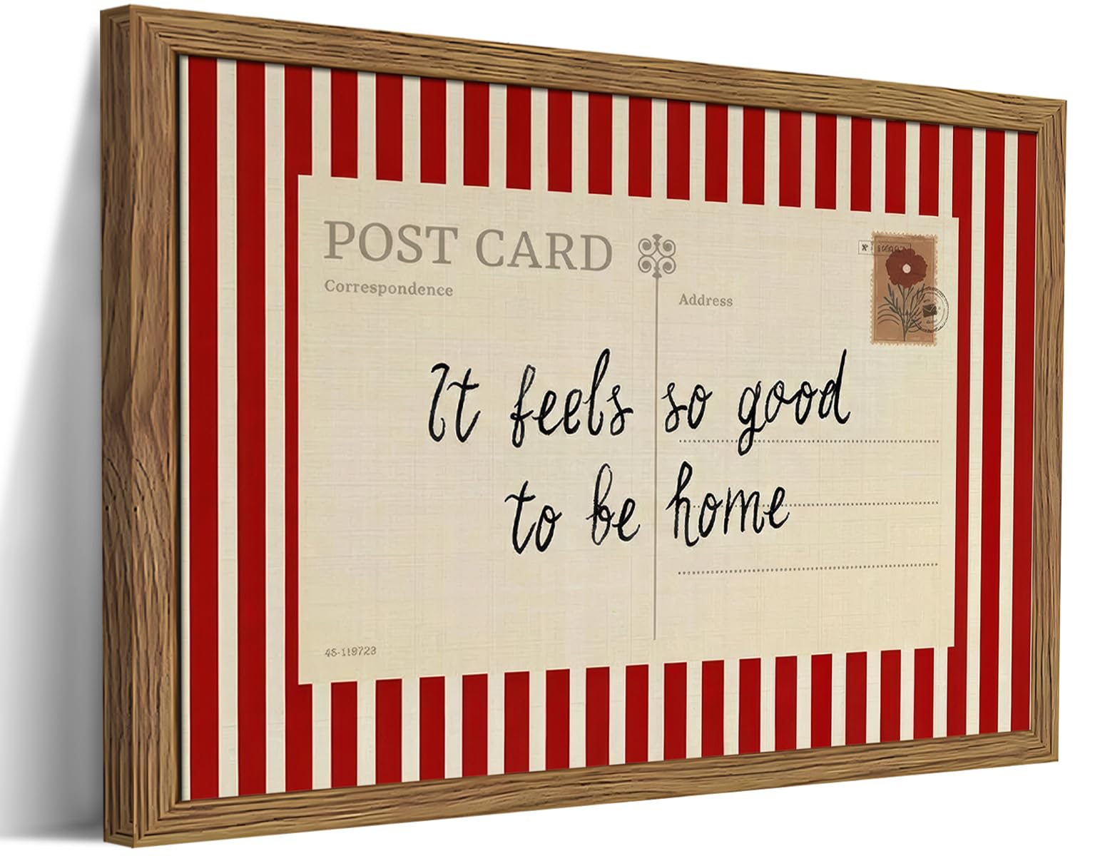 Vintage Inspirational Postcard Wall Art, It Feels So Good To Be Home Canvas Wall Decor Painting, Red Striped Quotes Artwork Print Picture for Living Room Bedroom 16x24 Inch Wood Framed