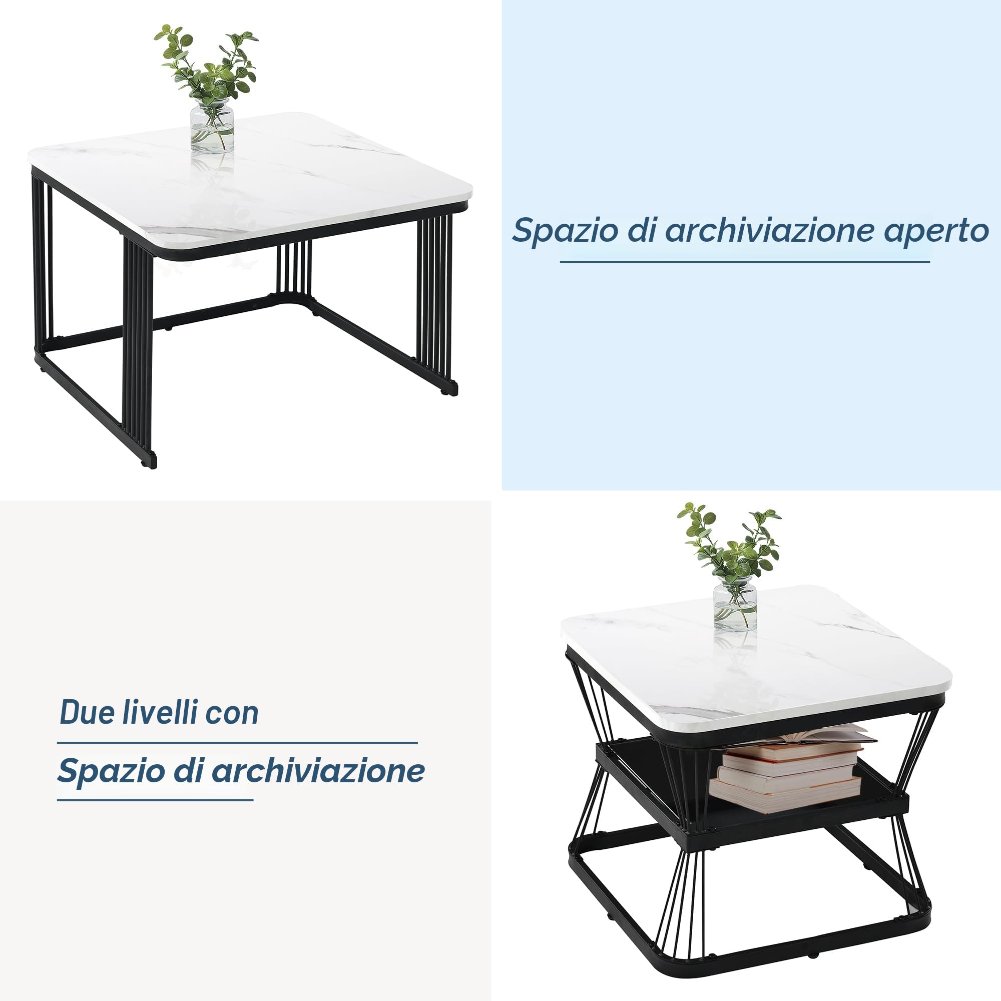 Merax Set di 2 Tavolini da Salotto, Alta lucentezza, per Soggiorno, Balcone e Ufficio, Struttura in Metallo, Bianco e Nero