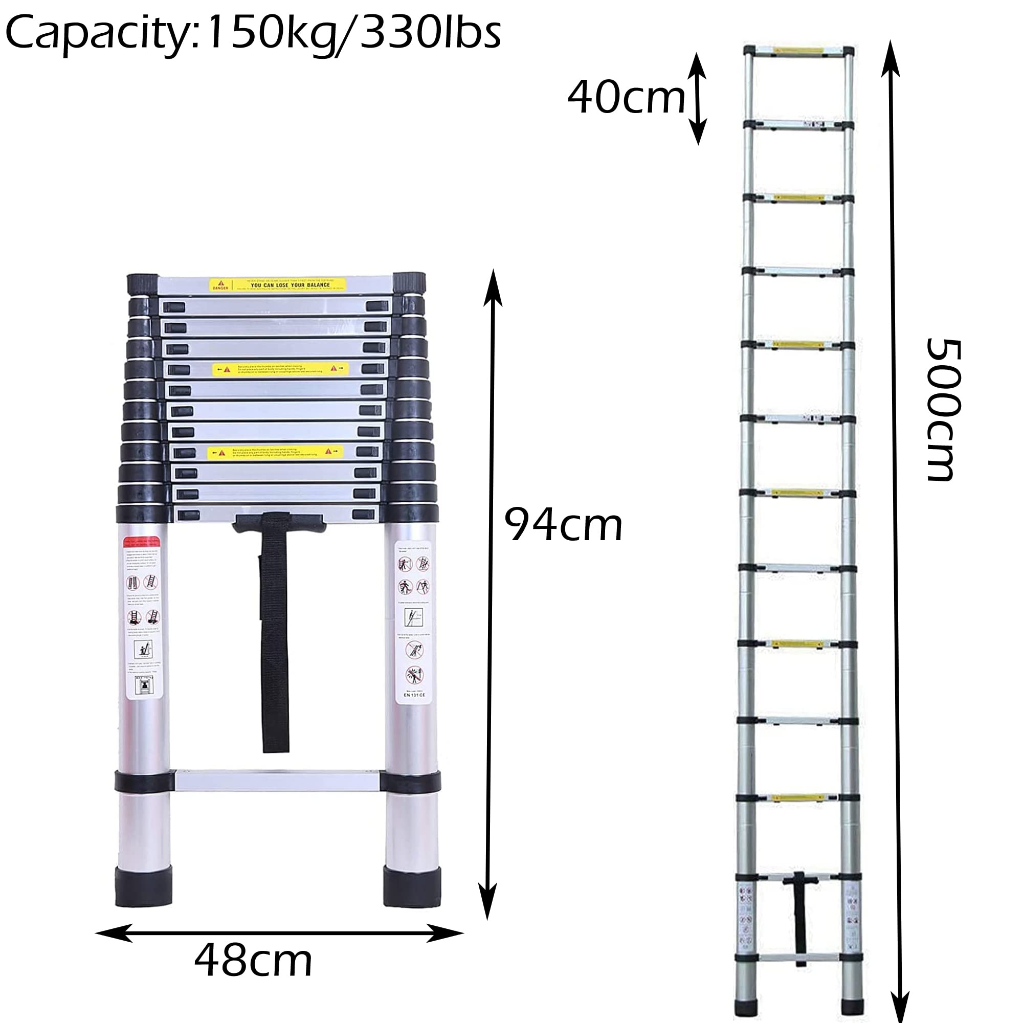 DICN Escalera telescópica de Aluminio 5 m, 13 Peldaños, Plegable, Extensible, Fácil de Transportar, para Constructores de Bricolaje, Interiores y Exteriores