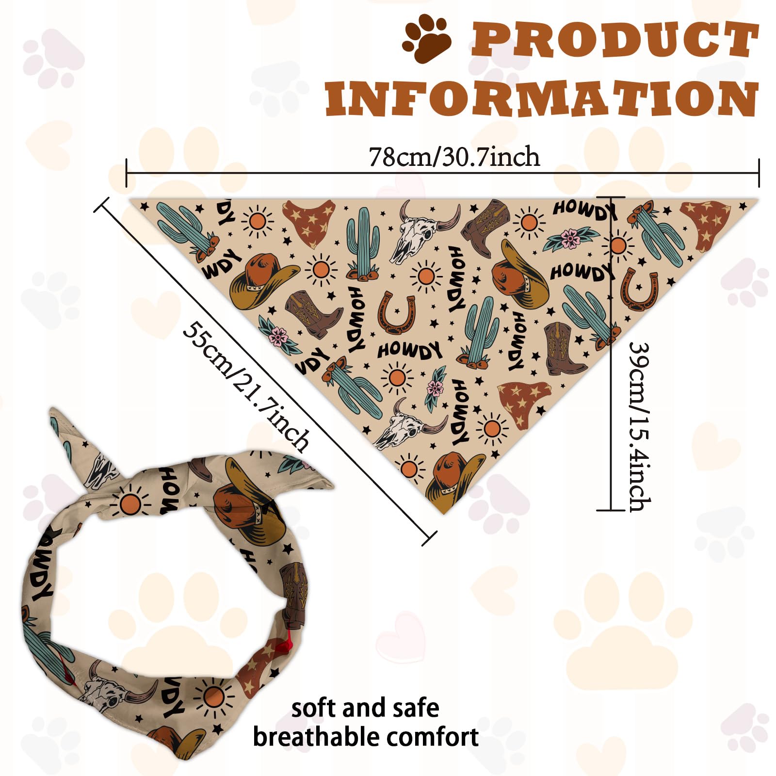 Arricraft 1 Pc Dog Bandana, 78x38cm Cowboys Theme Hats Boots Cow Skull Triangle Adjustable Comfortable Pet Bibs Washable Cotton Scarf Kerchief for Large Dog Brown