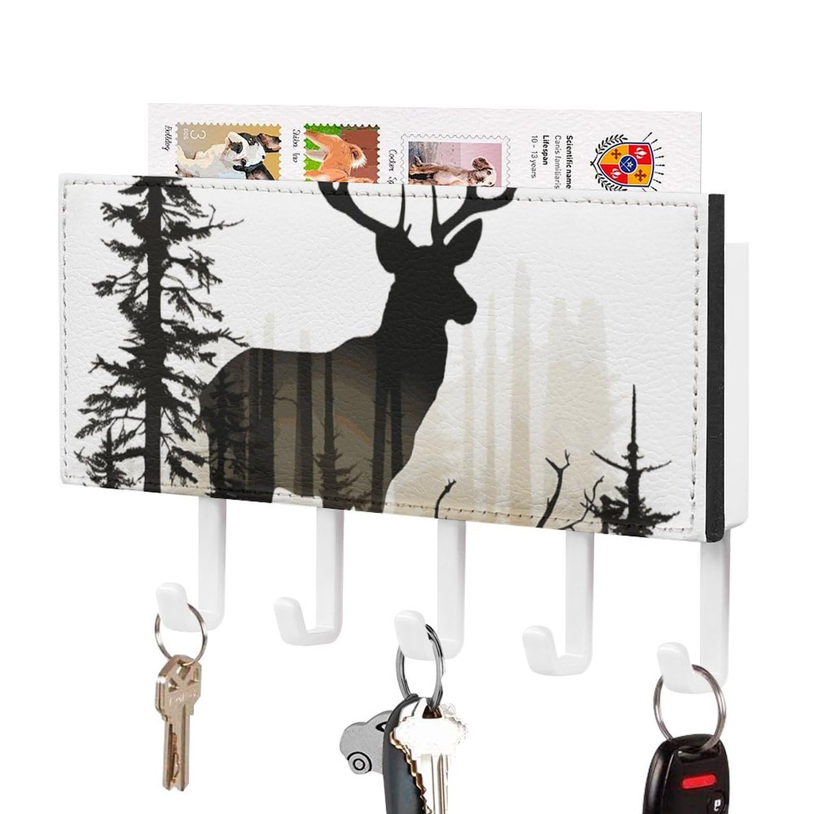 DWVTSLH Deer Silhouette Key Holder for Wall, Decorative Key Hooks with Mail Organizer & 5 Hooks, Self Adhesive Leather Key Hanger for Entryway, Wall Mounted Key Rack (7.1” X 4.3” X 0.9”)