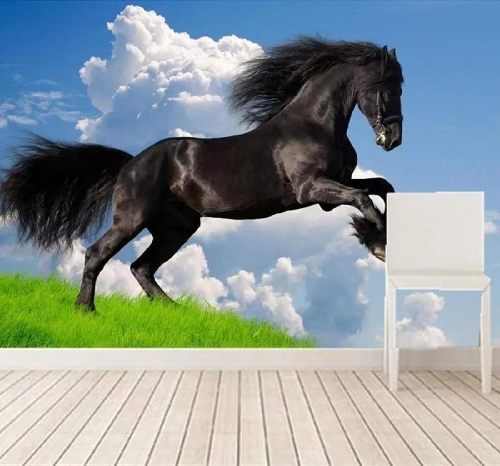 Xlming 150Cm×105Cm(B×H) Blue Sky White Clouds Green Lawn Black Horse 3D Wallpaper Luxury Home Dining Decor Paste Sofa Living Room The Wall For Bedroom Mural-150Cm×105Cm