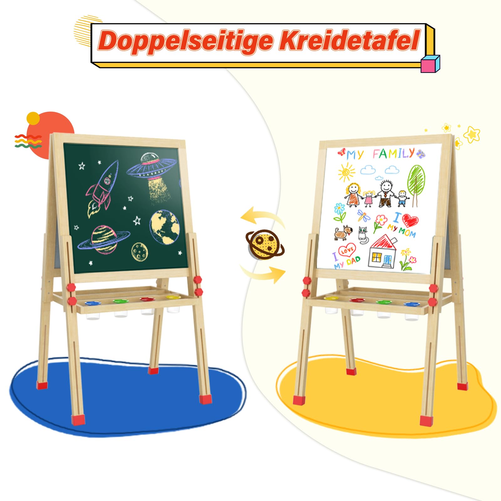 Dripex Bambini con Cavalletto pieghevole in Legno Regolabile in Altezza, Lavagna a Doppia Faccia con 26 Accessori per la pitturaper(49x49x88-105cm)