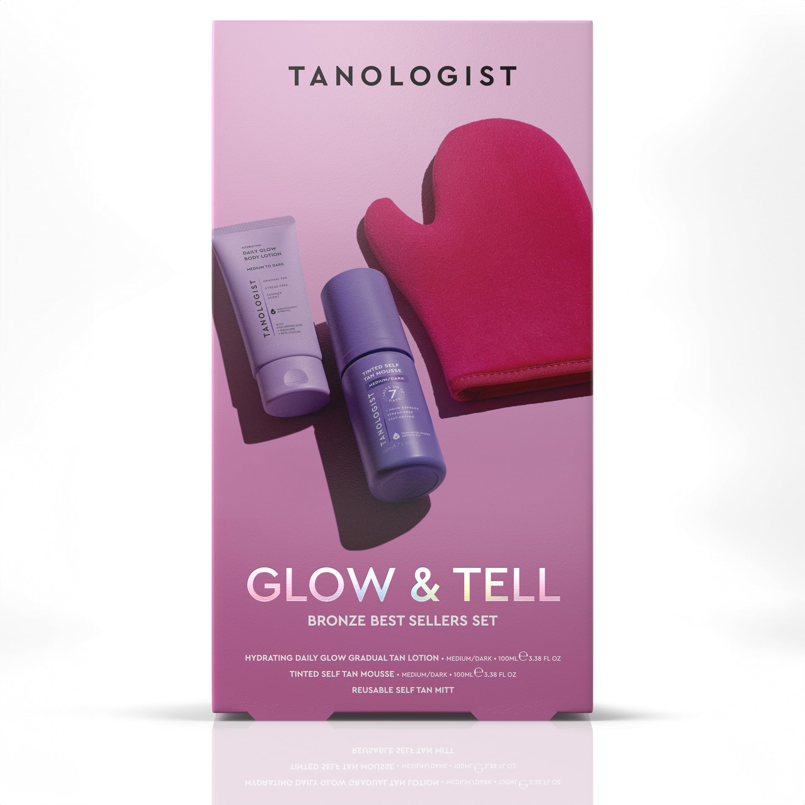 Tanologist Glow & Tell Bronze Set Medium/Dark Self Tan Lotion 100ml + Mousse 100ml with Reusable Mitt, Streak-Free Natural Finish, Skincare Formula No Orange Tone