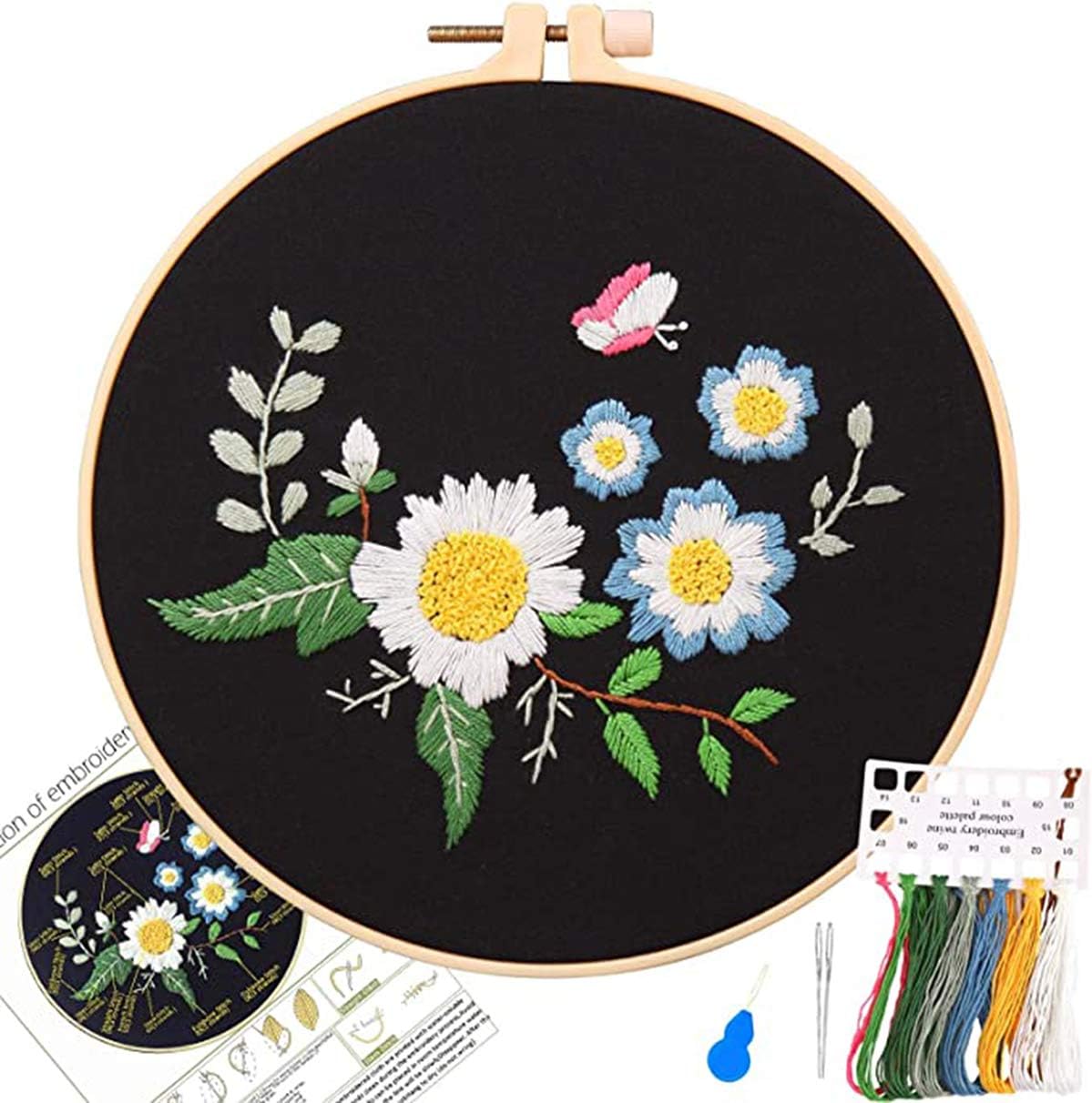 DELFINO Embroidery Starter Kit with Pattern, DIY Handwork, Printed Cloth with Flower Pattern, Colored Thread, Needle, Embroidery Hoop and Instruction, Gift for Birthday, Christmas, Anniversary
