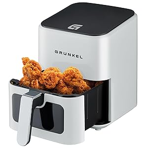 Grunkel - Freidora aire - Air Fryer - 4 Litros y 7 programas. WEF. Panel de control digital Multifunción y ventanal visualización retroiluminada. Temporizador 60 minutos - Freidora sin aceite (Blanco)