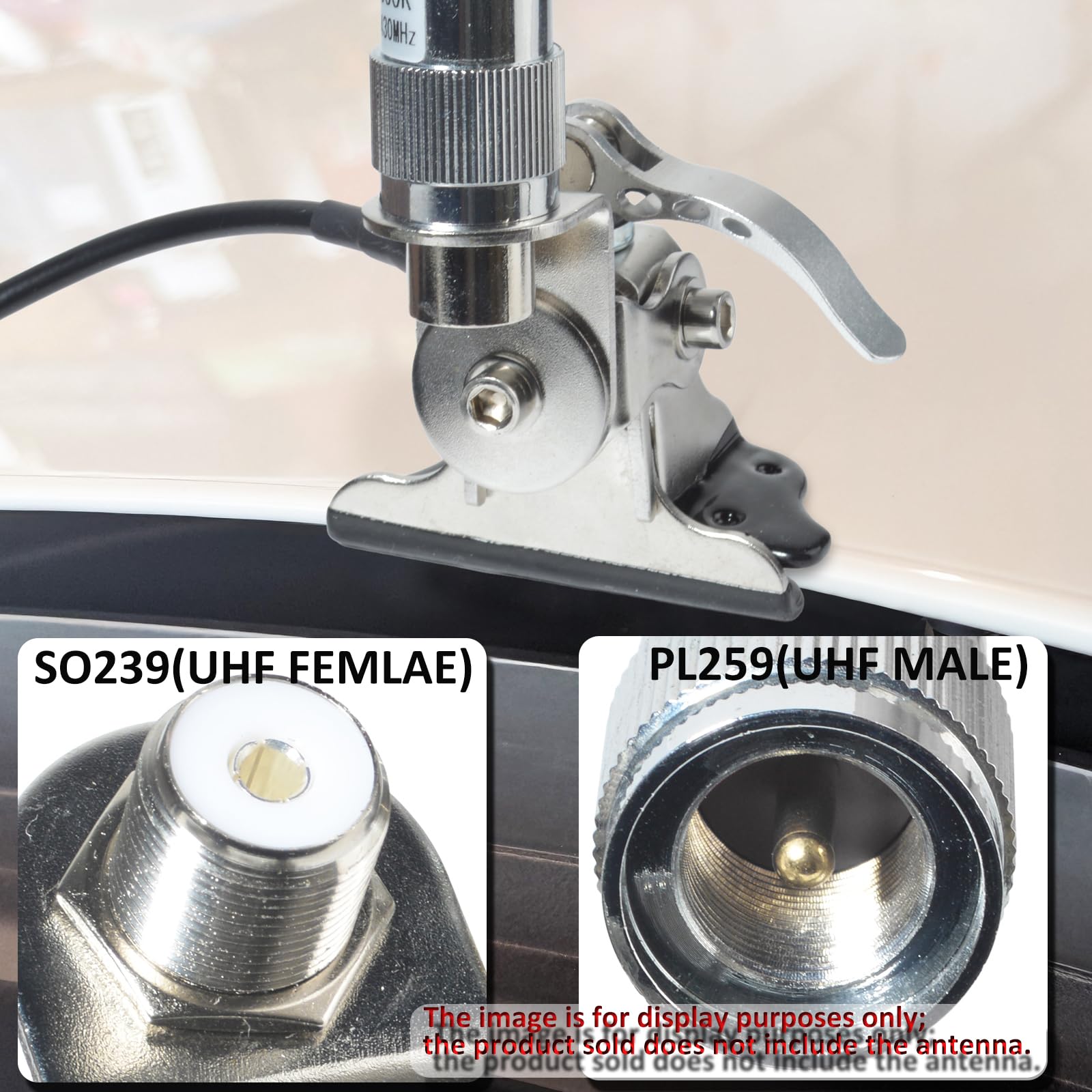 HYS Supporto per antenna per auto in acciaio inox per montaggio a clip per bagagliaio con staffa di montaggio a berlina angolare regolabile con connettore SO239 a PL-259, 16,4 Ft di RG-58 cavo