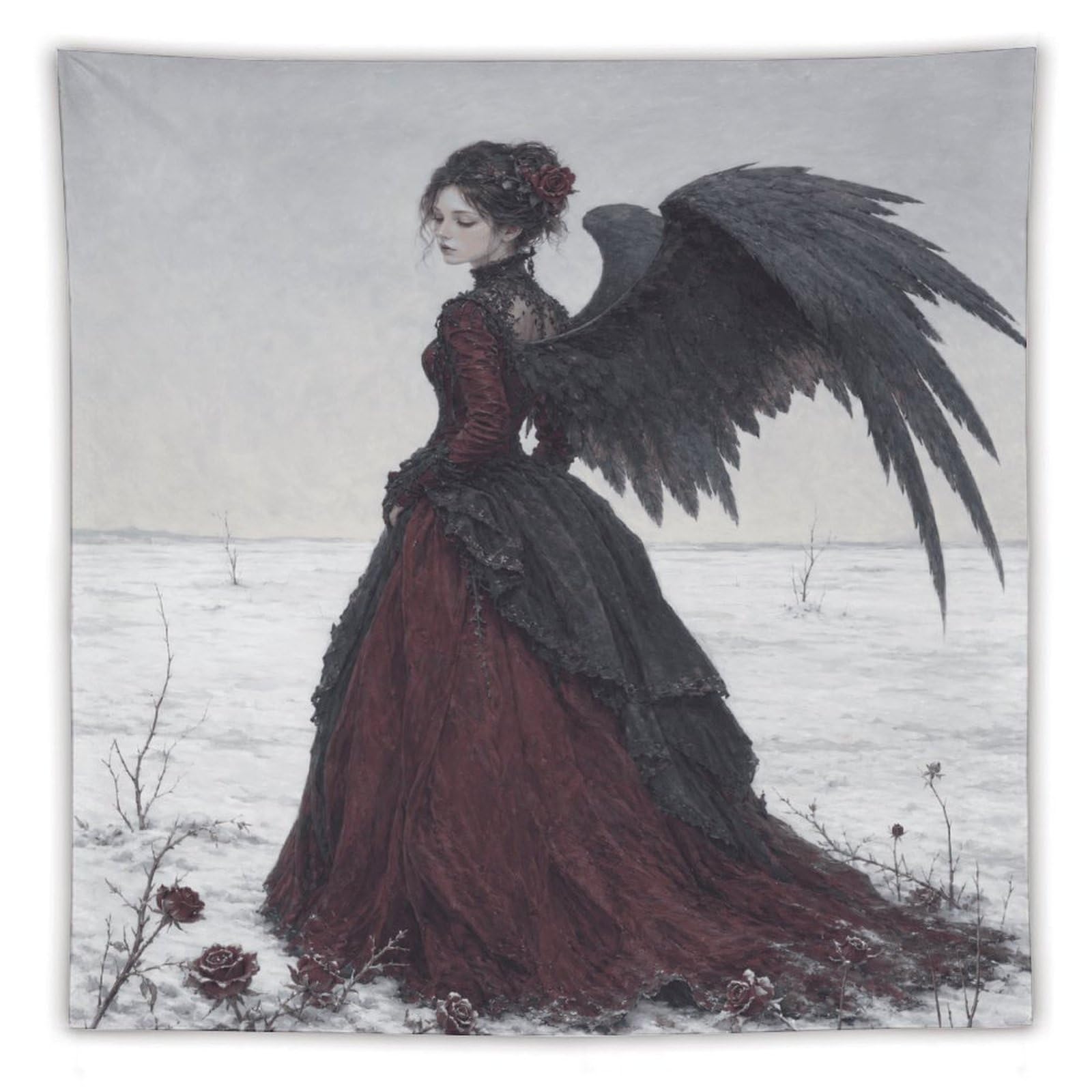 H3B8U2Y5 Gothic Winged Woman Wall Tapestry, Fantasy Illustration Style, Bed