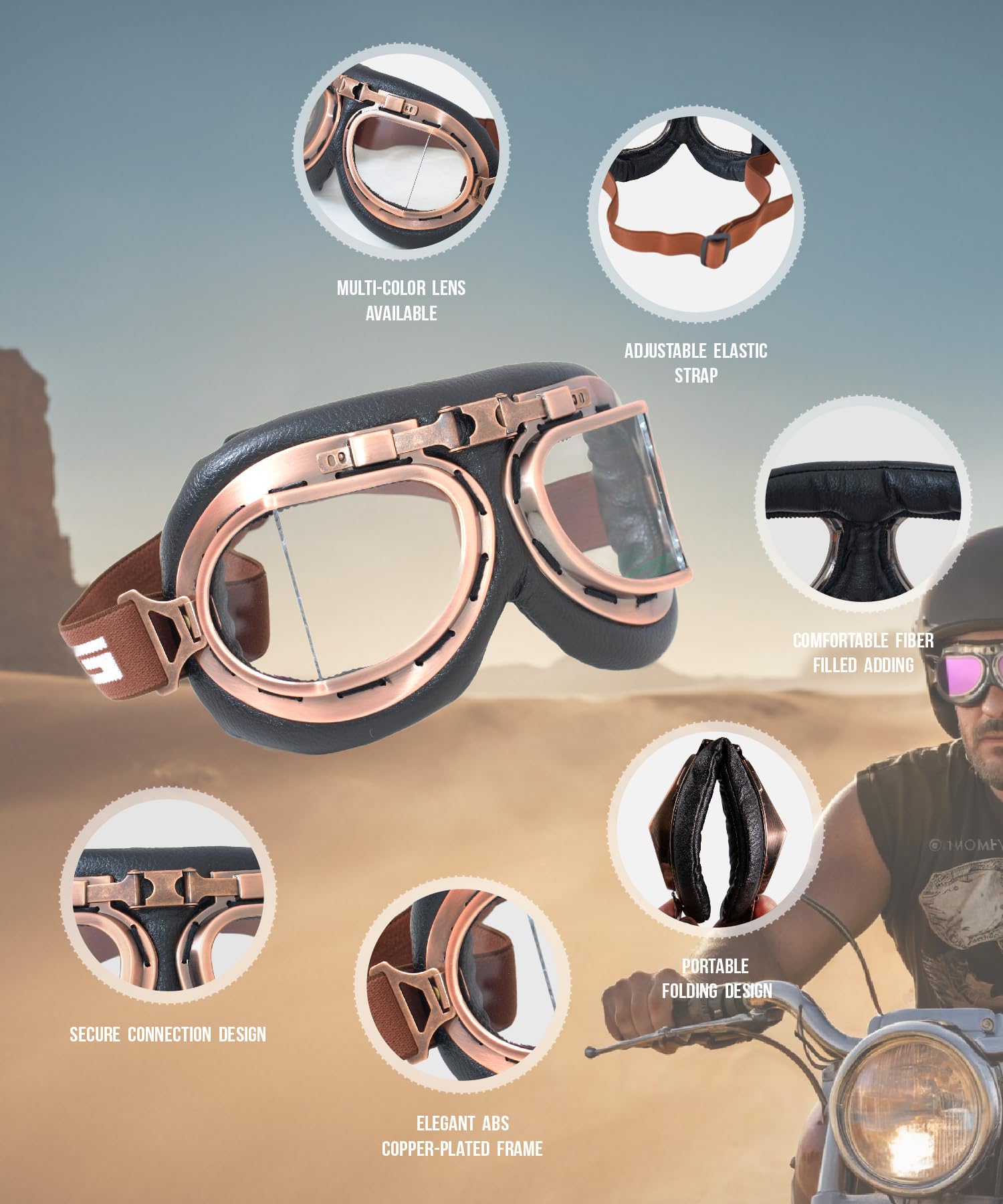 CRG Sports Gafas de motocicleta estilo aviador vintage estilo piloto para motocicleta, crucero, scooter, para hombre, mujer, adulto