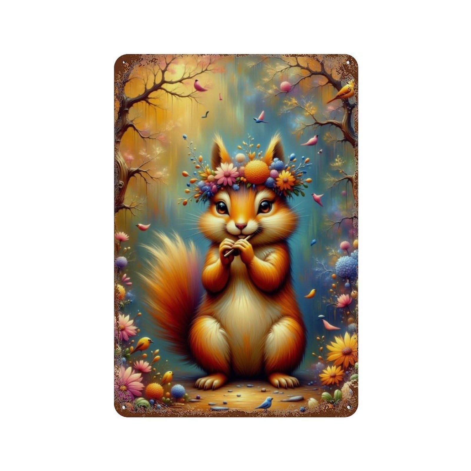 Magical Forest Squirrel Rust Effect Tin Sign 11.8"x7.9", Retro Wall Decor for Pub, Kitchen And Man Cave Decor