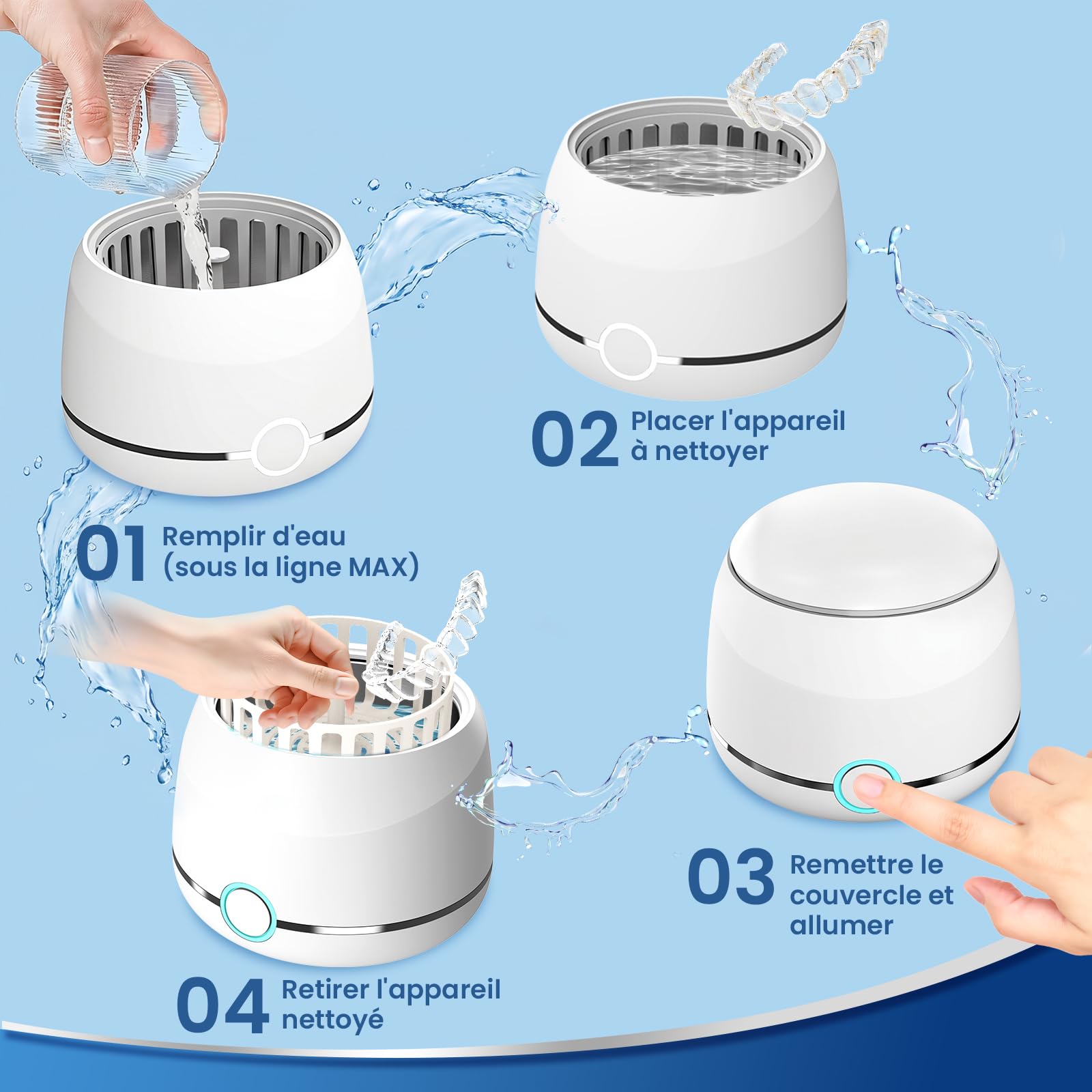 Nettoyeur ultrasons, Nettoyeur Ultrasonique Dentaire haute fréquence 45 kHz, 2 modes, pour appareils orthodontiques, aligneurs, prothèses dentaires, têtes de brosse à dents, bijoux, etc