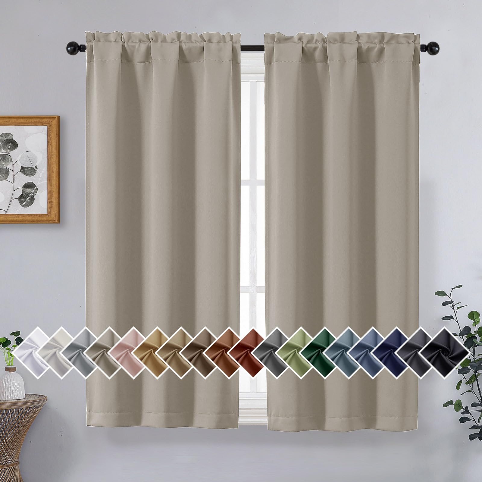 OVZME Stone Short Blackout Curtains for Bedroom 45 Inches Long 2 Panels Set, Solid Thermal Insulated Blackout Curtains, Energy Saving Soft Fabric Window Drapes, Dual Rod Pocket, 2x40Wx45L Inches