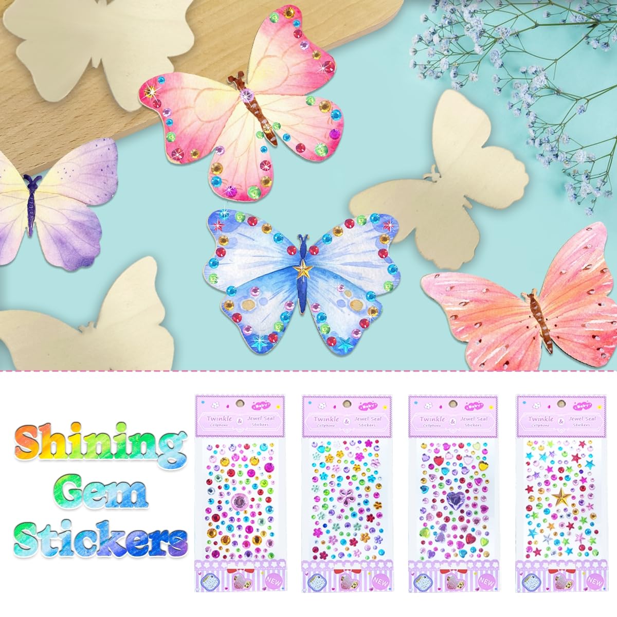 40-teiliges Schmetterling Bastelset Für Kinder – 24 Holzschmetterlinge, Aquarellstifte & Glitzeraufkleber