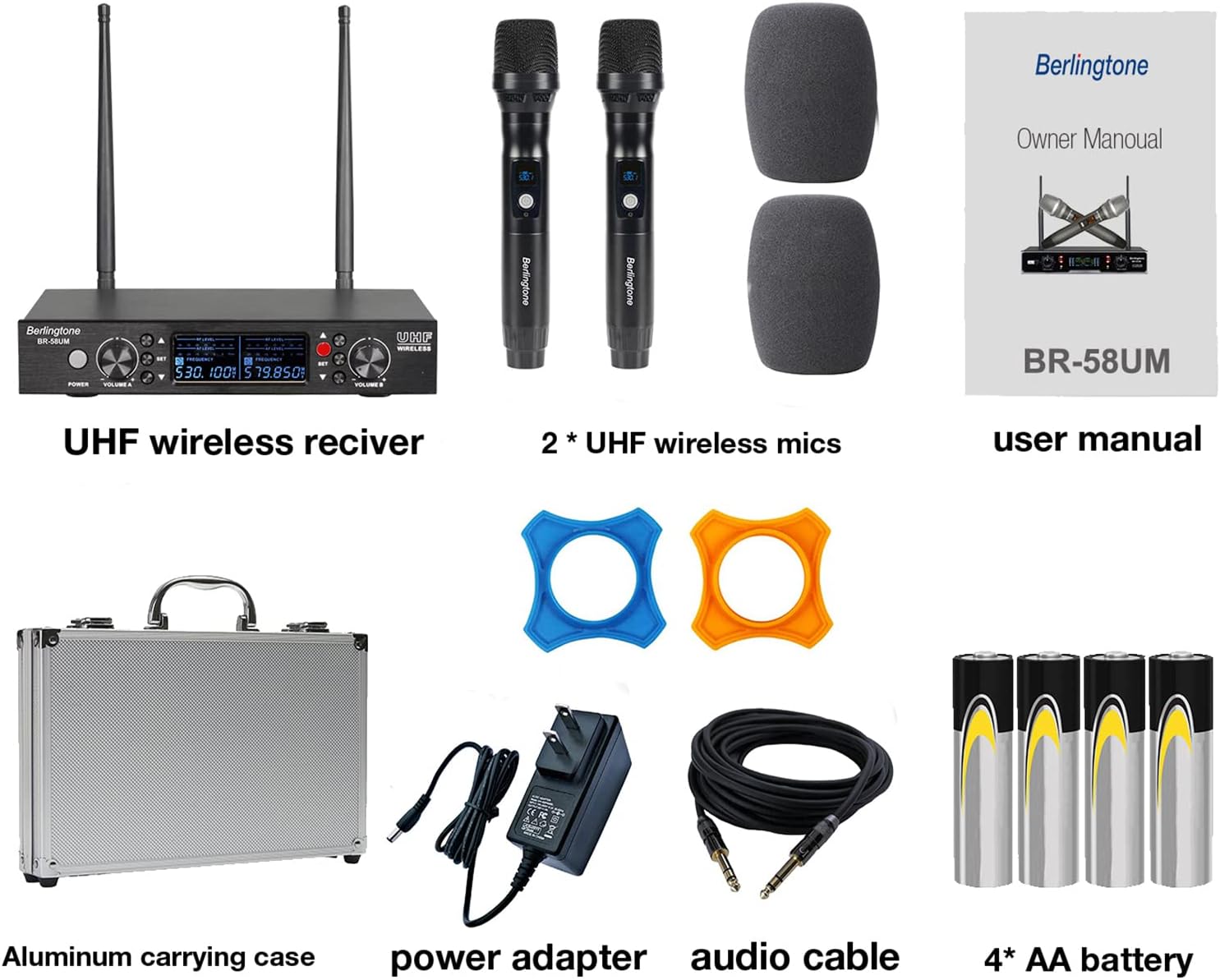-Berlingtone Wireless Microphone System, 2 Handheld Dynamic Microphones,120- Adjustable Frequency Channel, Metal case & mic, for Karaoke, Meeting, Party, Church, DJ, Wedding, up 260ft Range (BR-58UM)