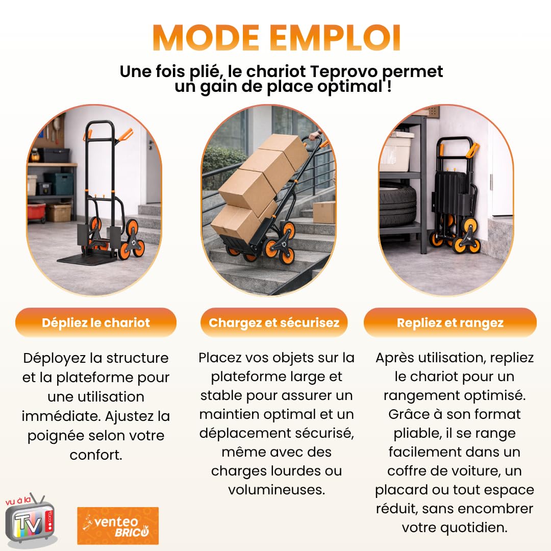 Venteo | Chariot Pliable Monte Escalier | Diable de Transport avec Plateforme Antidérapante | Diable Pliant à Roues Triples | Forte Capacité de Charge et Rangement Optimisé | Colis de Déménagement