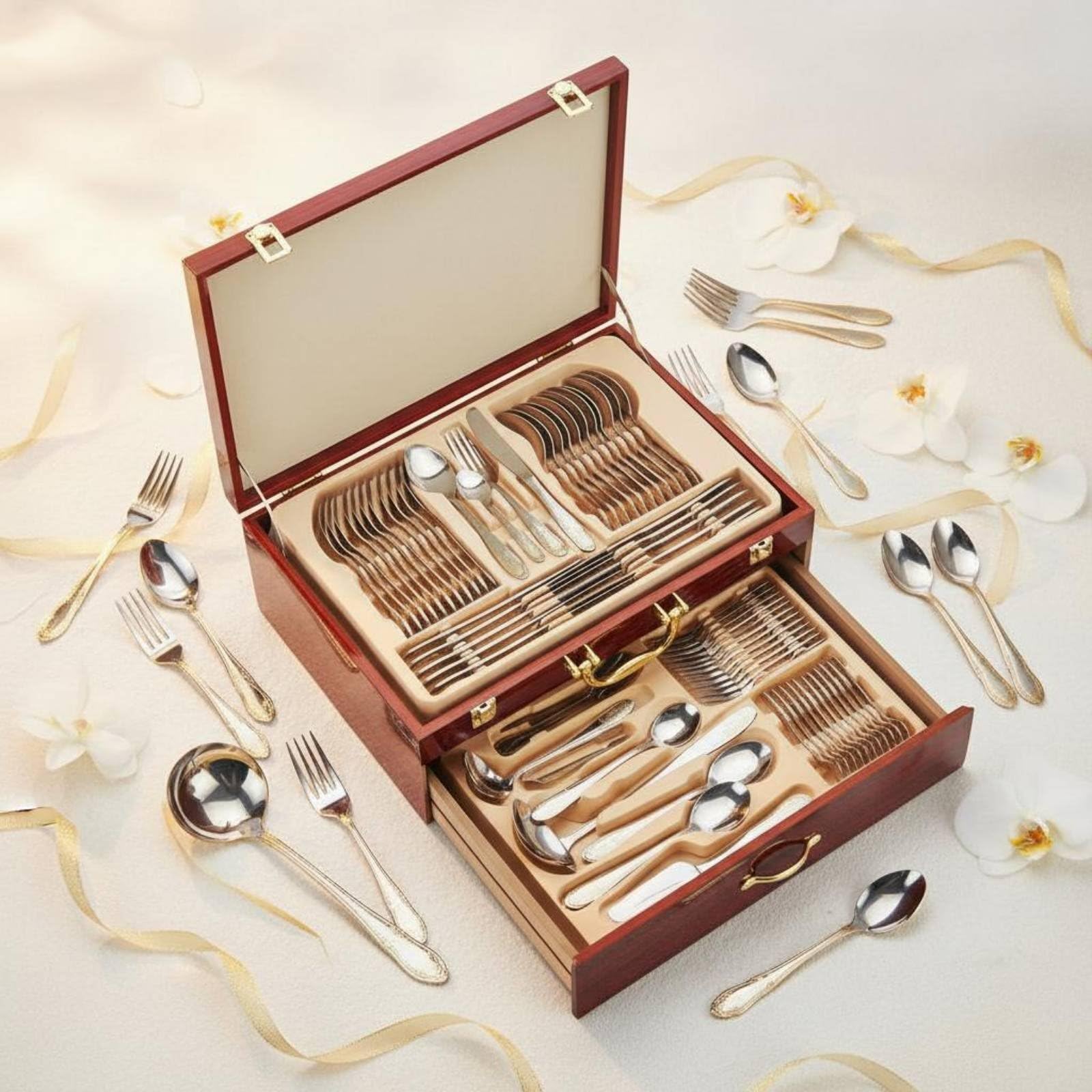 72 Piezas Cubiertos de Acero Inoxidable Juego de Cubiertos Tenedores Cucharas Cuchillos Lustre Pulido con Caja para Guardar Adecuado para Uso Doméstico Servicio Profesional Celebraciones