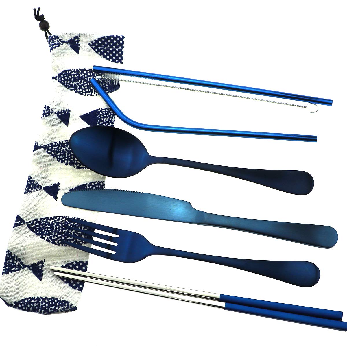 Gugrida 7pcs Reusable Lunch Cutlery Set, Stainless Steel Knife Fork Spoon w/Straws Brush, Travel Camping Flatware Set Utensils, Mirror Chopsticks Metal Drinking Straws for Tumblers Beverage(Blue)