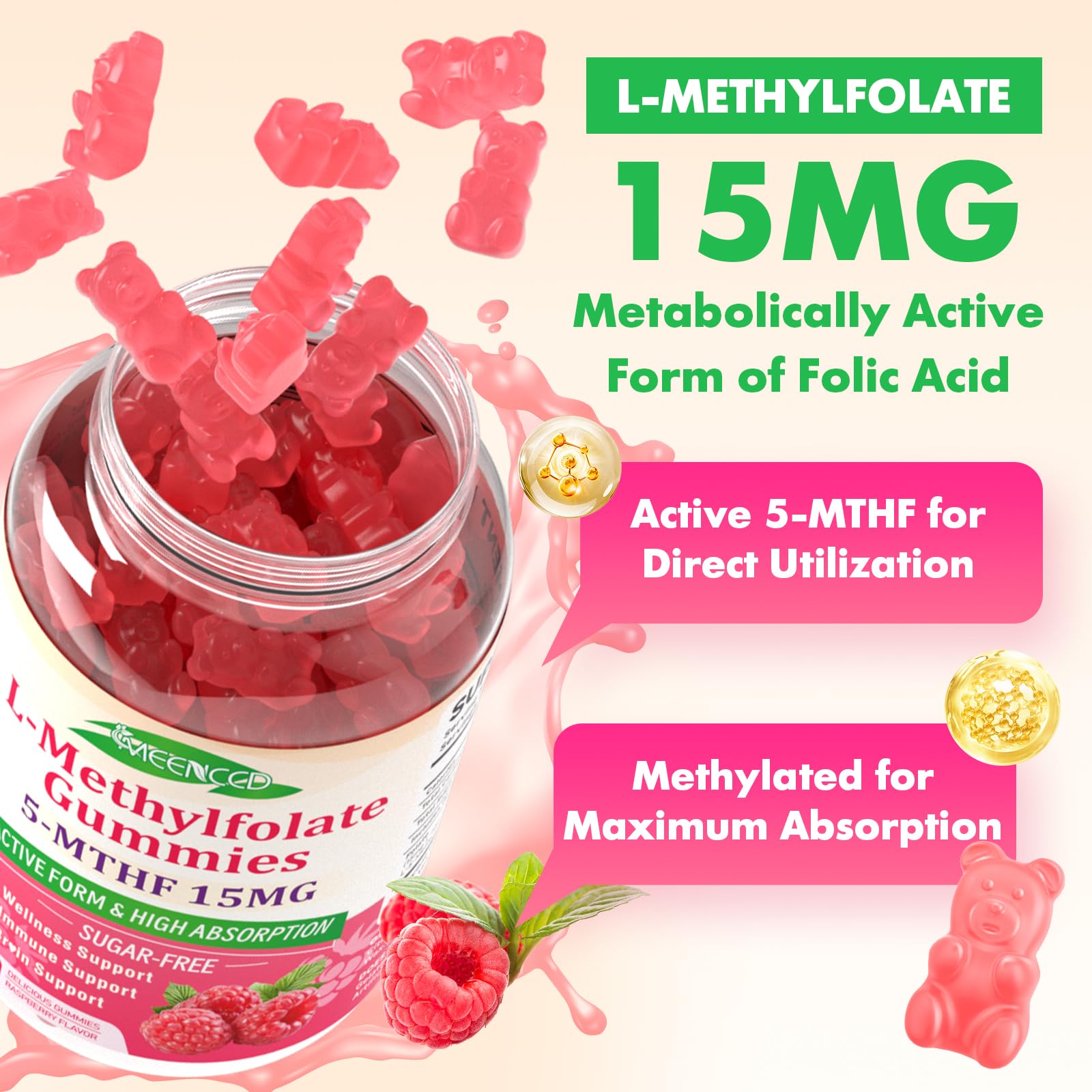 L-Methylfolate Gummies, Methylfolate Supplement, 5-MTHF Supplement - Active 5-MTHF - Supports Overall Wellness, Vegan, Raspberry Flavor, 60 Count — Amazon image 4