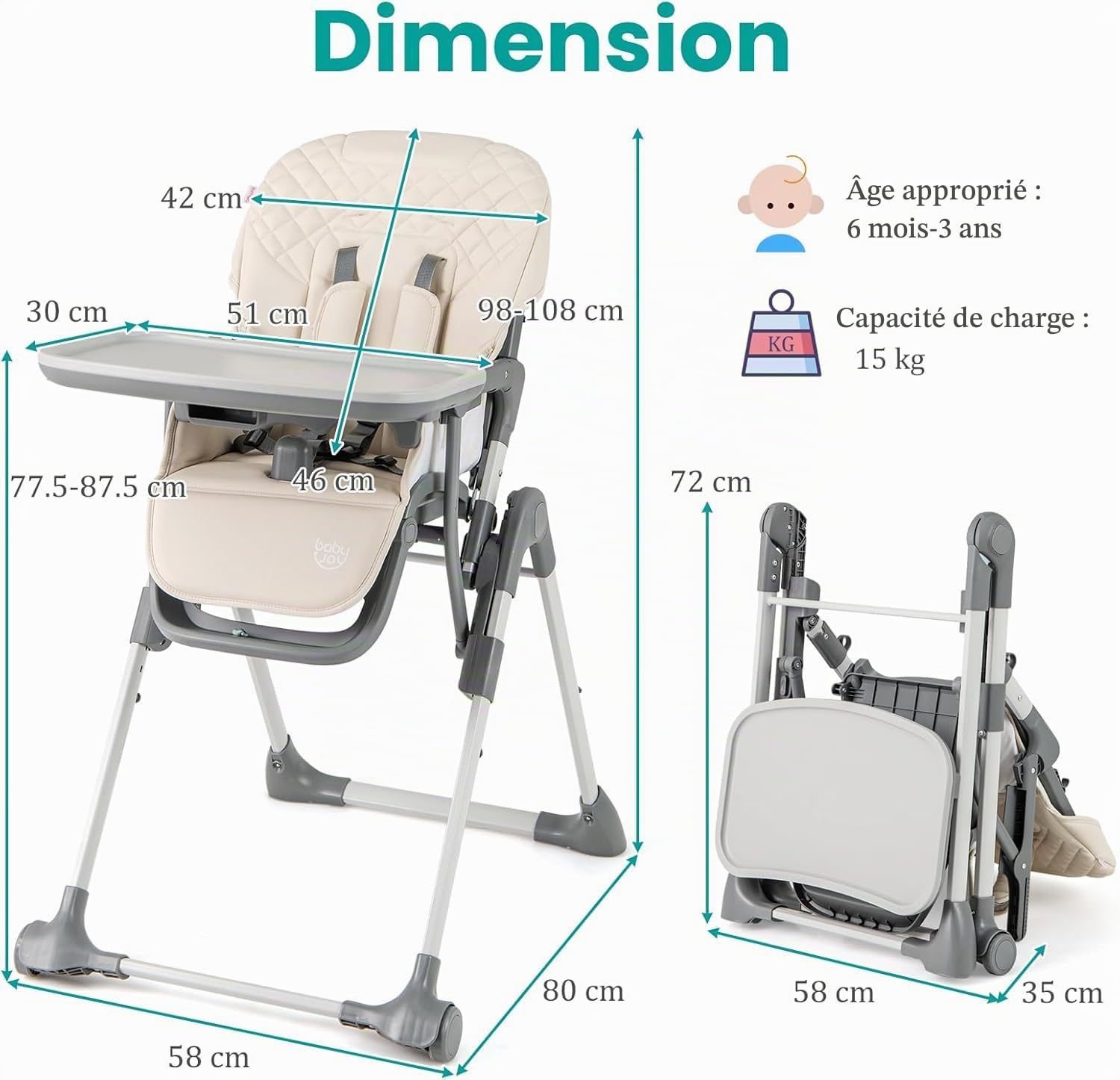 LIFEZEAL Chaise Haute Pliable Pour Bébés de 6 à 36 Mois Avec Siège Ajustable 5 Hauteurs 2 Positions Inclinées Plateau à 3 Niveaux Portable Fauteuil Pliée Avec 2 Roues (Couleur beige)