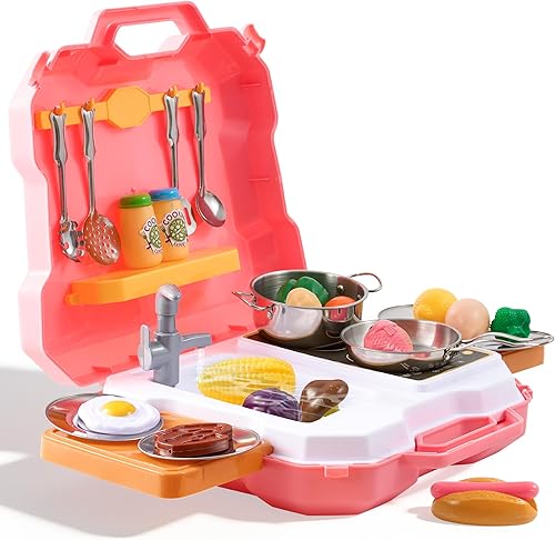 MINDNOOK Juego de accesorios de cocina, 35 piezas para fregadero de cocina, juguetes de cocina con utensilios, ollas y sartenes de acero inoxidable,