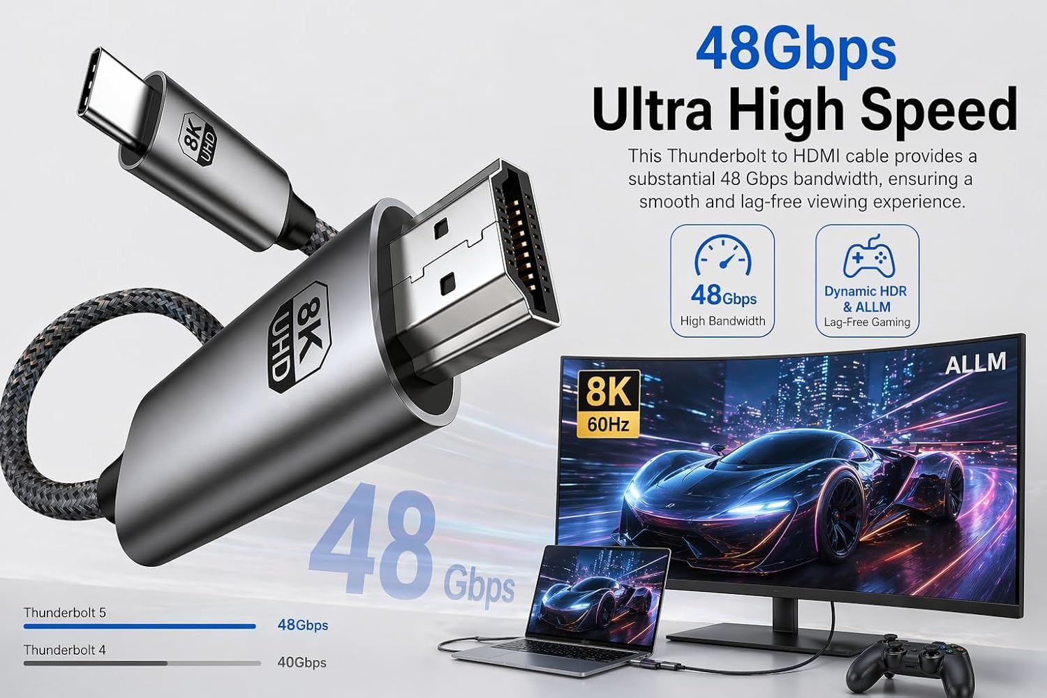 Cavo da USB C a HDMI, compatibile con Thunderbolt 5, 4, 3, da USB 3.2 di tipo C a HDMI 2.1, 8K a 60Hz, 4K, compatibile con MacBook, iPhone 15, 16, 17, iPad Pro, iMac, Galaxy S24, S25, S26, 1,8 m