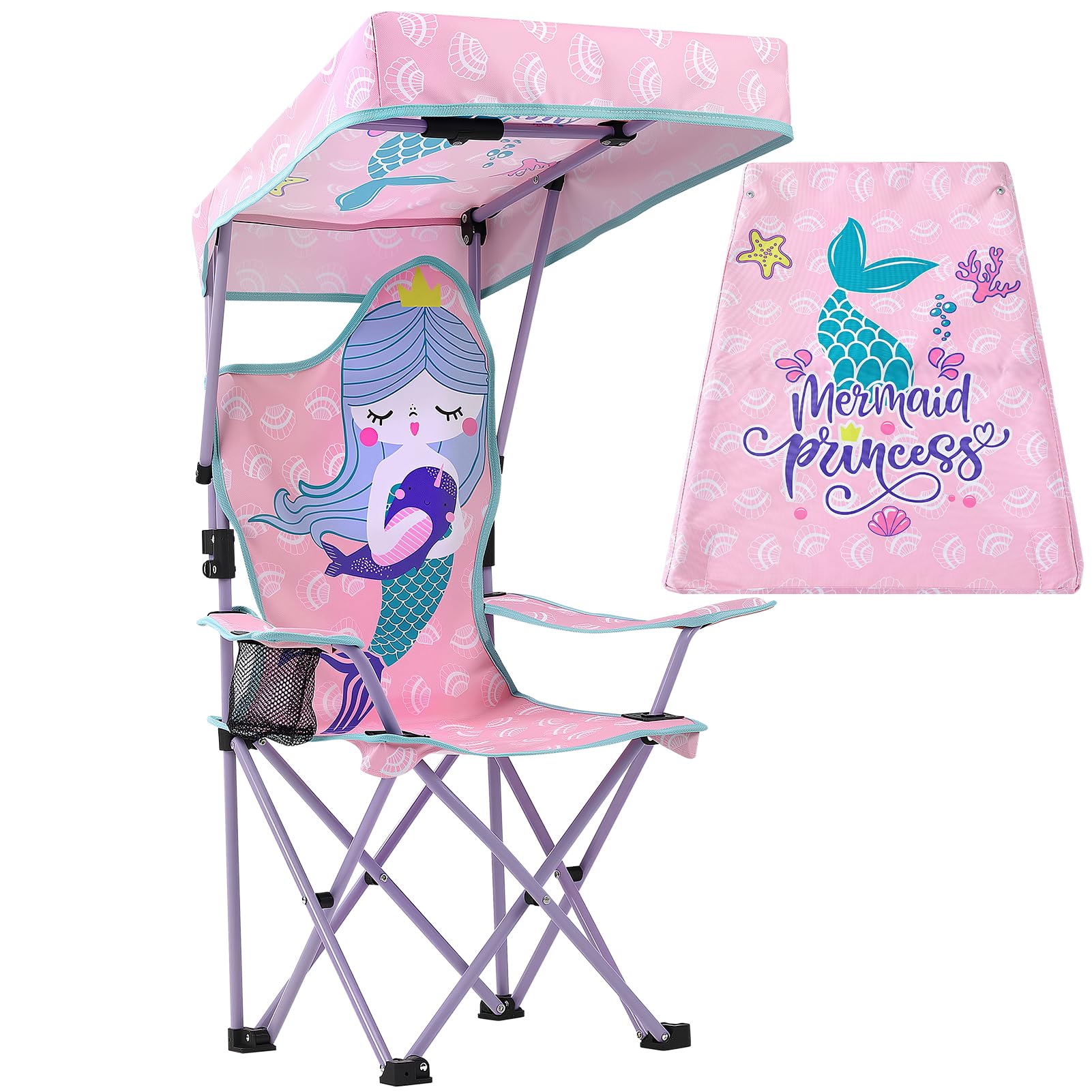 Silla de camping para niños con sombrilla, silla plegable con soporte para bebidas, silla de jardín portátil, silla de playa rosa, silla de camping para niños, para parque jardín, viajes al