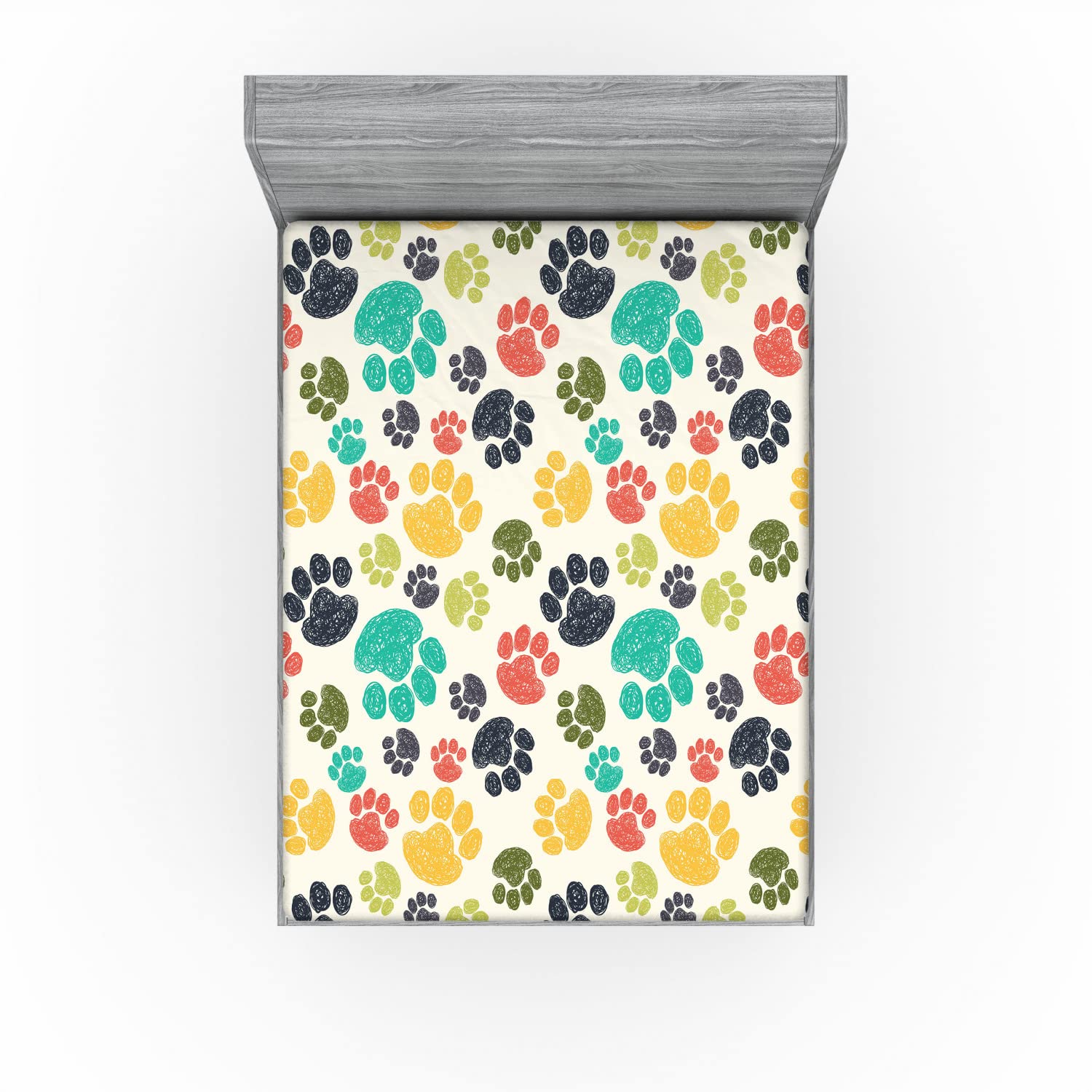 Ambesonne Dog Lover 2 Pack Fitted Sheet, Hand Drawn Paws, Bed Cover All-Round Elastic Deep Pockets 2 Pieces, Package Contains 2 Queen Size Fitted Sheets, Yellow Black