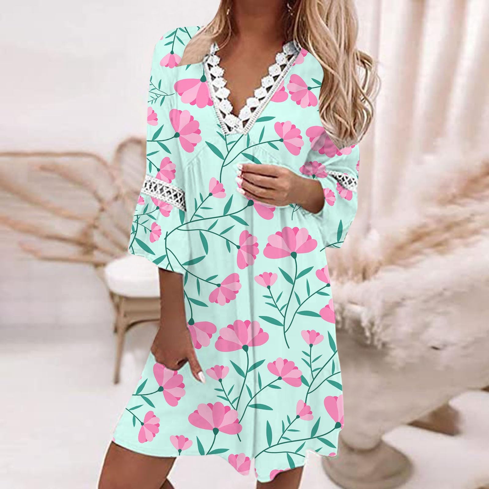 Vestido de verano para mujer, estilo étnico, ribete de encaje, cuello en V, estampado floral, tres mangas, estilo bohemio, mini