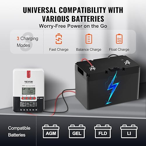 Miniatura 3 de VEVOR Controlador de carga solar MPPT de 20 A, entrada automática de CC de 12 V24 V, cargador regulador de panel solar con pantalla LCD, cable de