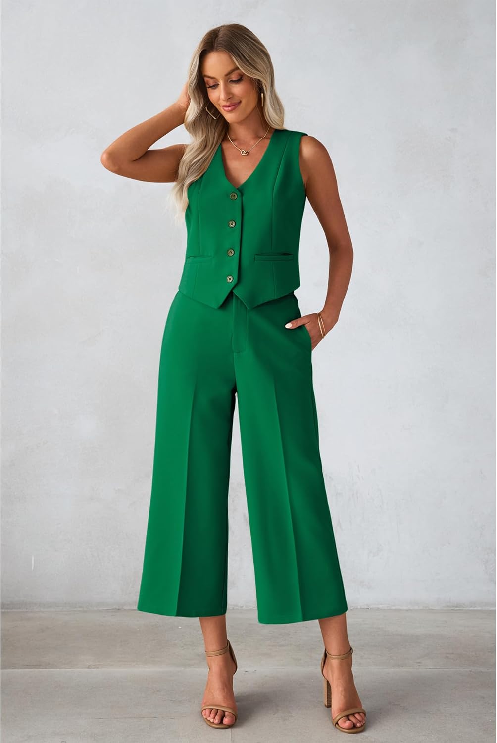 luvamia Pant Suits for Women Dressy Casual 2 Piece Sets Sleeveless Blazer Vest with Wide Leg Capri Pants Work Outfit - Image 6