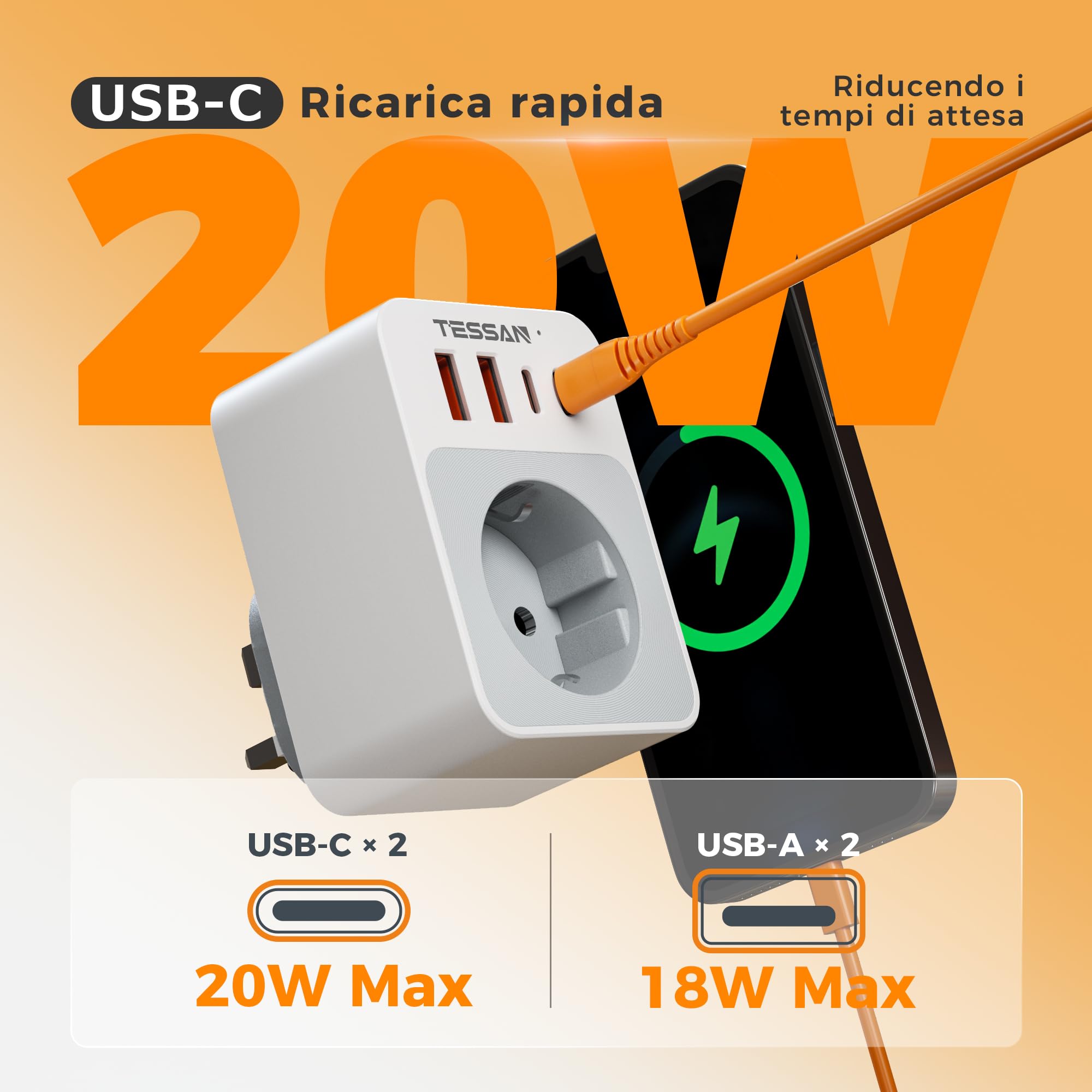 TESSAN Confezione da 2 Adattatore Presa Inglese, 5 in 1 Adattatore UK da Viaggio, Compatto e Pieghevole Spina Inglese USB C 20W, per Irlanda Londra Malta Dubai Zanzibar Presa Elettrica Tipo G