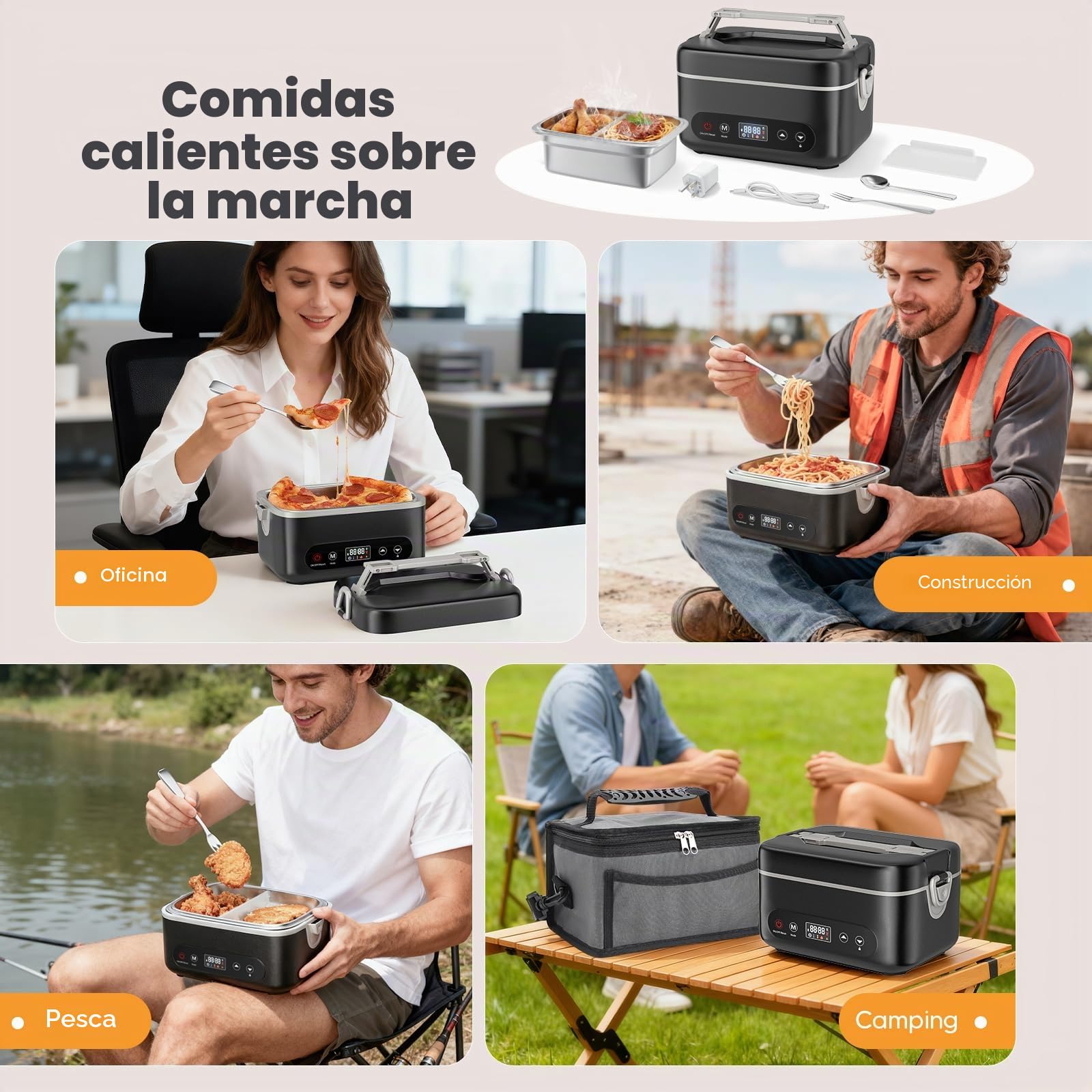 Fiambrera eléctrica con batería, 16.000 mAh, con función de calefacción, 1,2 L, con temperatura ajustable, modo de mantenimiento del calor y retardo de inicio de 12 horas para oficina, viajes y