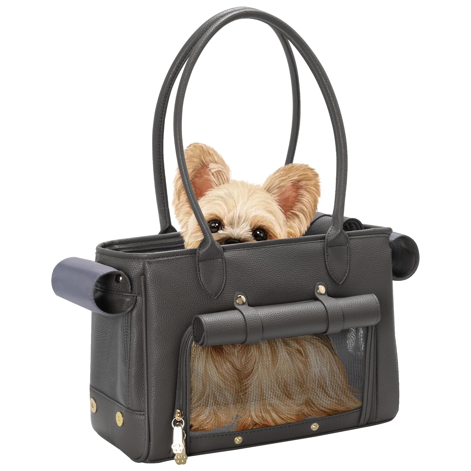 Minsong Fashion Pet Carrier Purse for Small Cat and Dog, Luxury Pu Soft-Sided Tote Bag with Large Pockets for Dogs and Puppies (Black, 13.6" L x 6" W x 10.0" H) — image 1