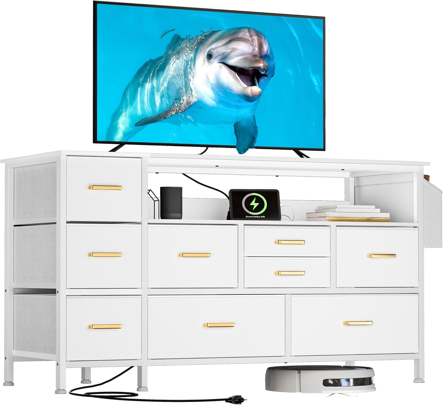 YITAHOME Dresser TV Stand with a TV displaying a dolphin