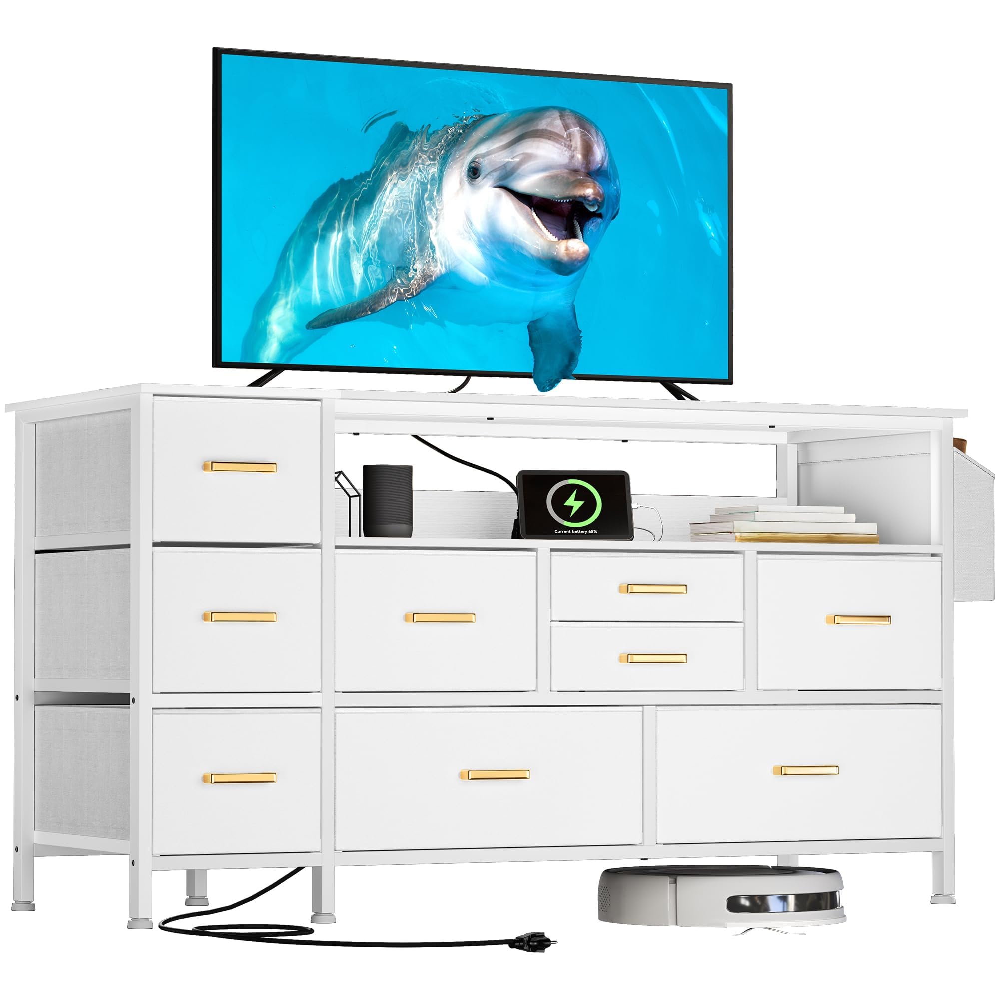 YITAHOME Dresser TV Stand for 55'', 9-Drawer Dresser with Power Outlet, Wide White Drawer with Metal Handle and PU Finish