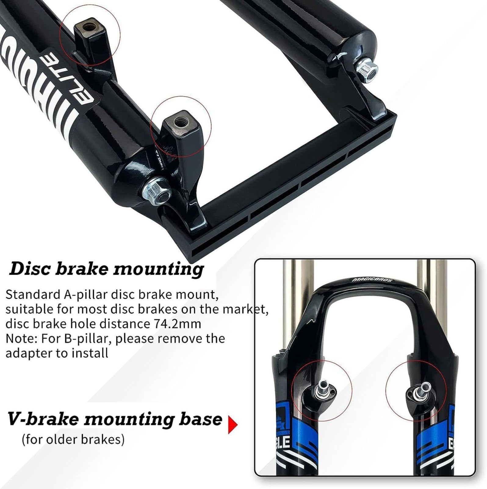 Widelec amortyzowany MTB 26 cali ze stopu aluminium mechaniczny widelec prosta rura kontrola ramion rower górski widelec tarcza/hamulec V QR 9 mm podróż 100 mm 1-1/20.3 cm C, 66.0 cm