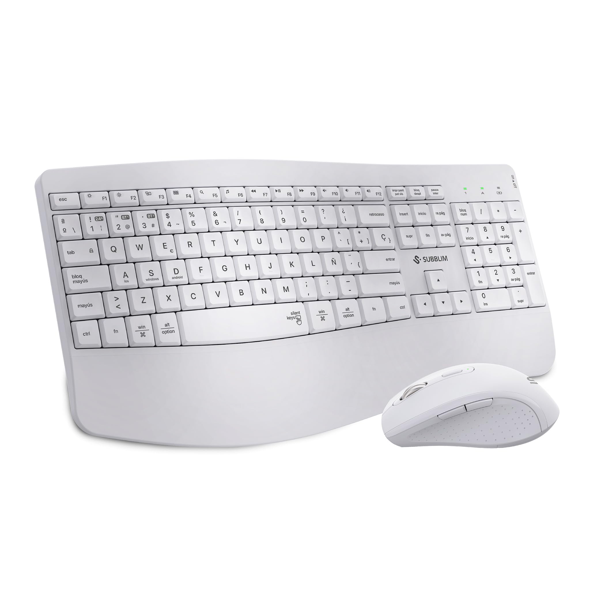 SUBBLIM Combo Teclado y Ratón Inalámbrico, Conexión Dual Bluetooth 5.3 y USB, Diseño Ergonómico, Batería Recargable, Blanco