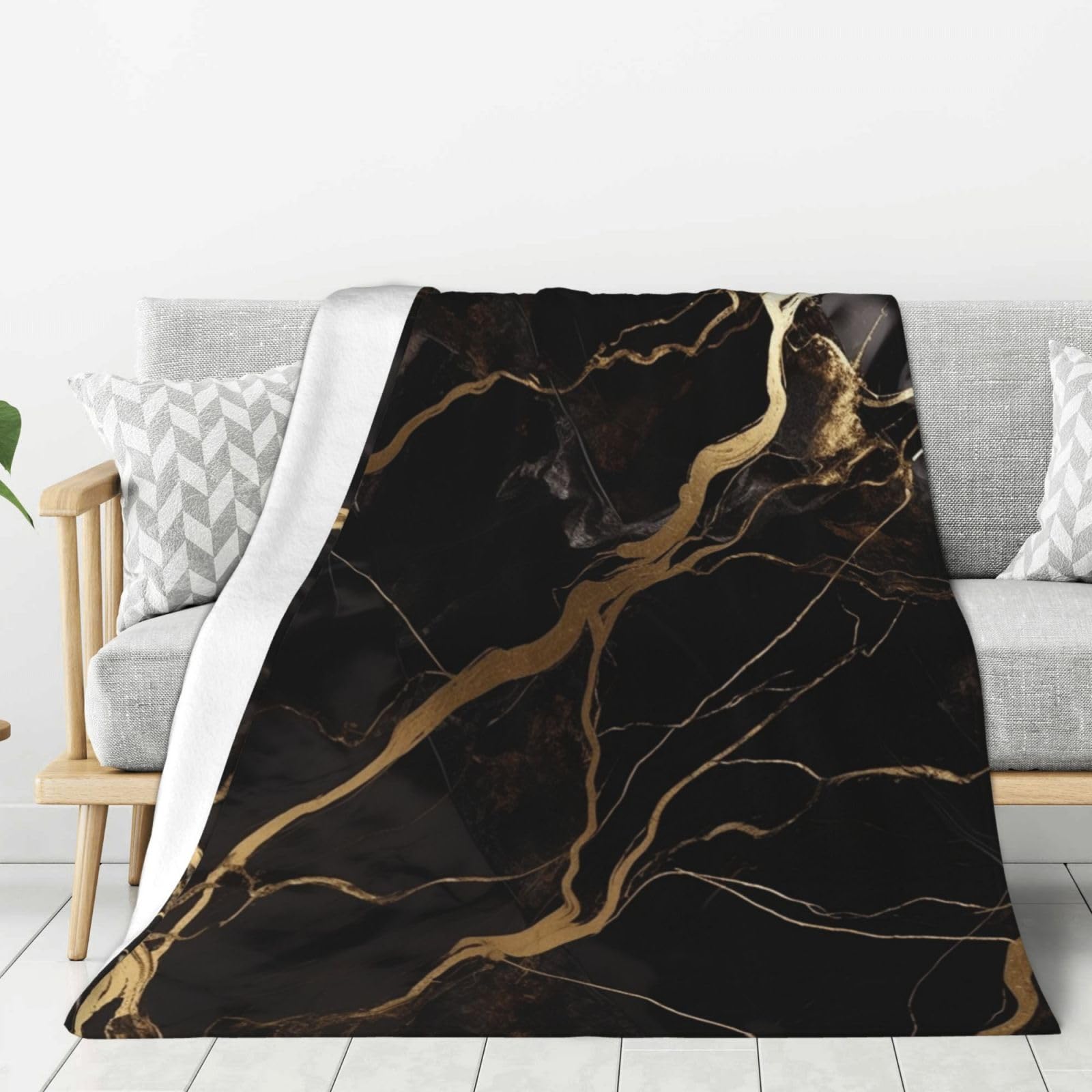 Black Gold Marble Throw Blanket Plush Flannel Fleece Blanket, Soft Lightweight Cozy Blankets 50"X40" for Bed Couch Sofa Travel
