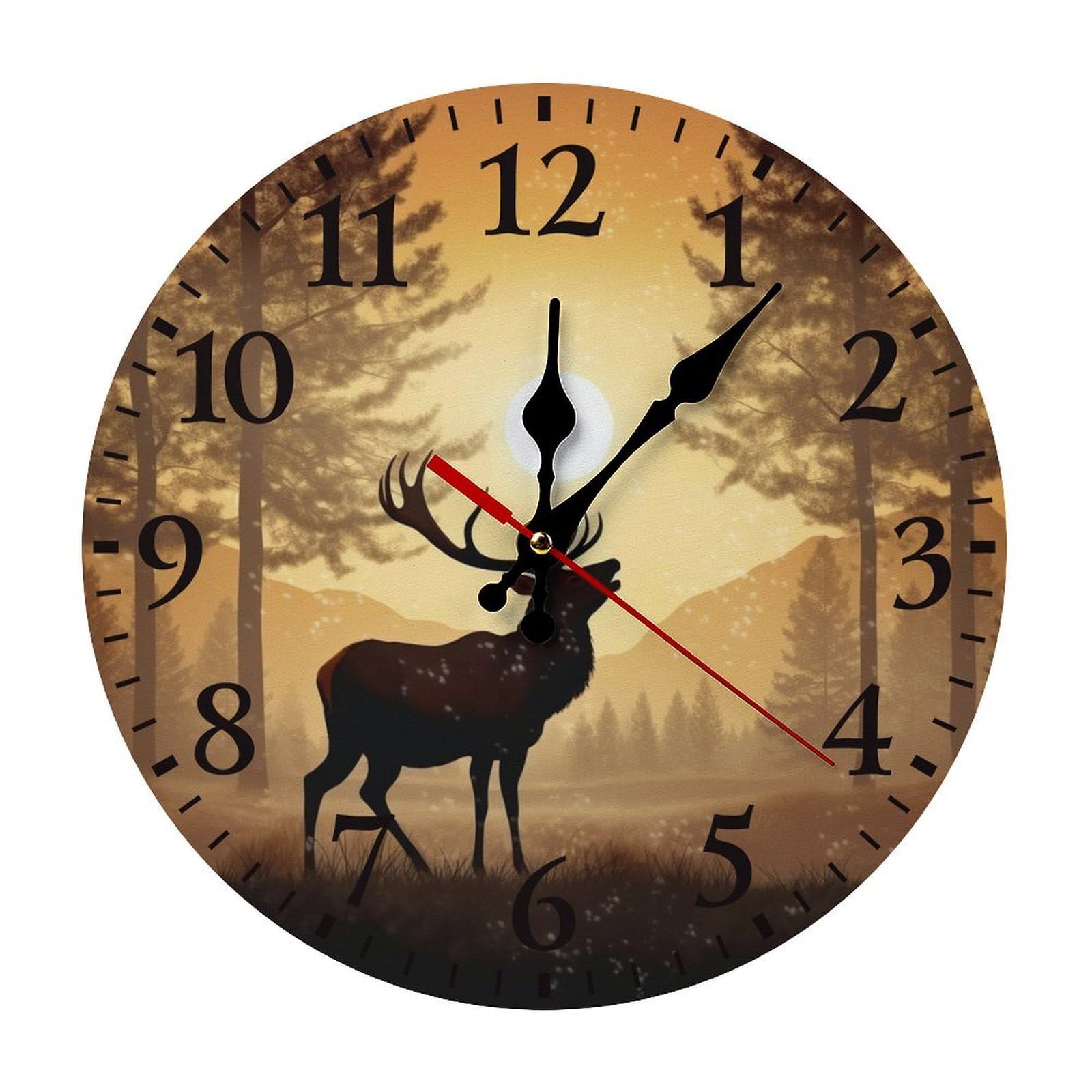 QMNLKH Elk Artwork Wall Clock for Home, Battery Operated Clock for Hotel, Round Wall Clock with Arabic Numerals Black, Easy to Read, Non-Ticking Clocks for Living Room 30 * 30cm
