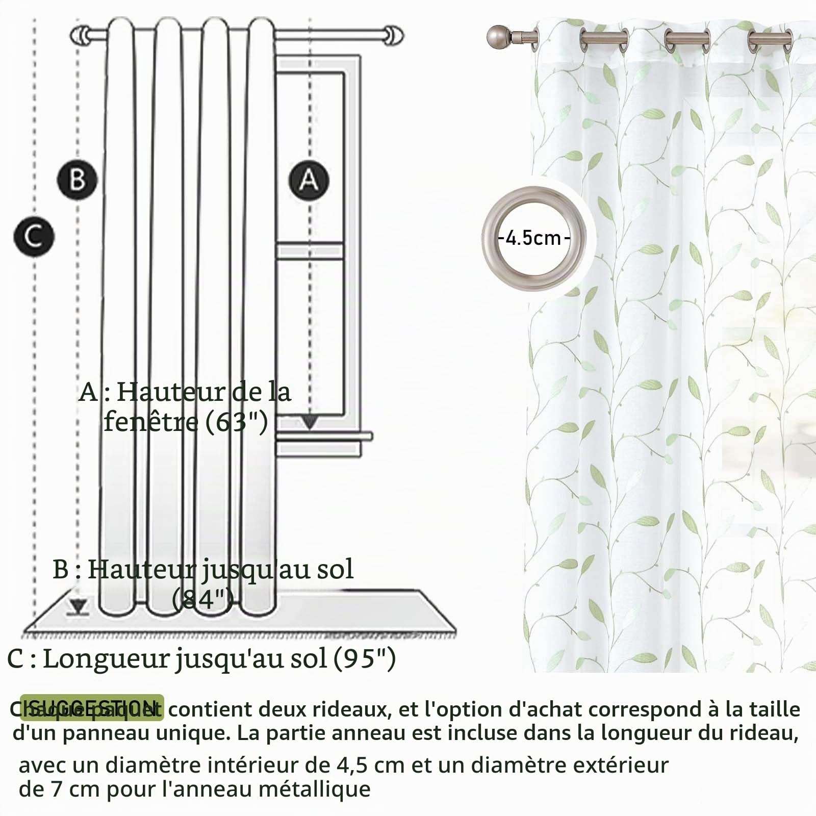 TOPICK Lot de 2 Rideau Voilage avec Oeillets et Feuilles Brodées Rideau Fenetre Transparent Vert sur Blanc Décoration d'Intérieur Romantique Rideau Léger Frais pour Salon Chambre 140 x 225 cm (L x H)