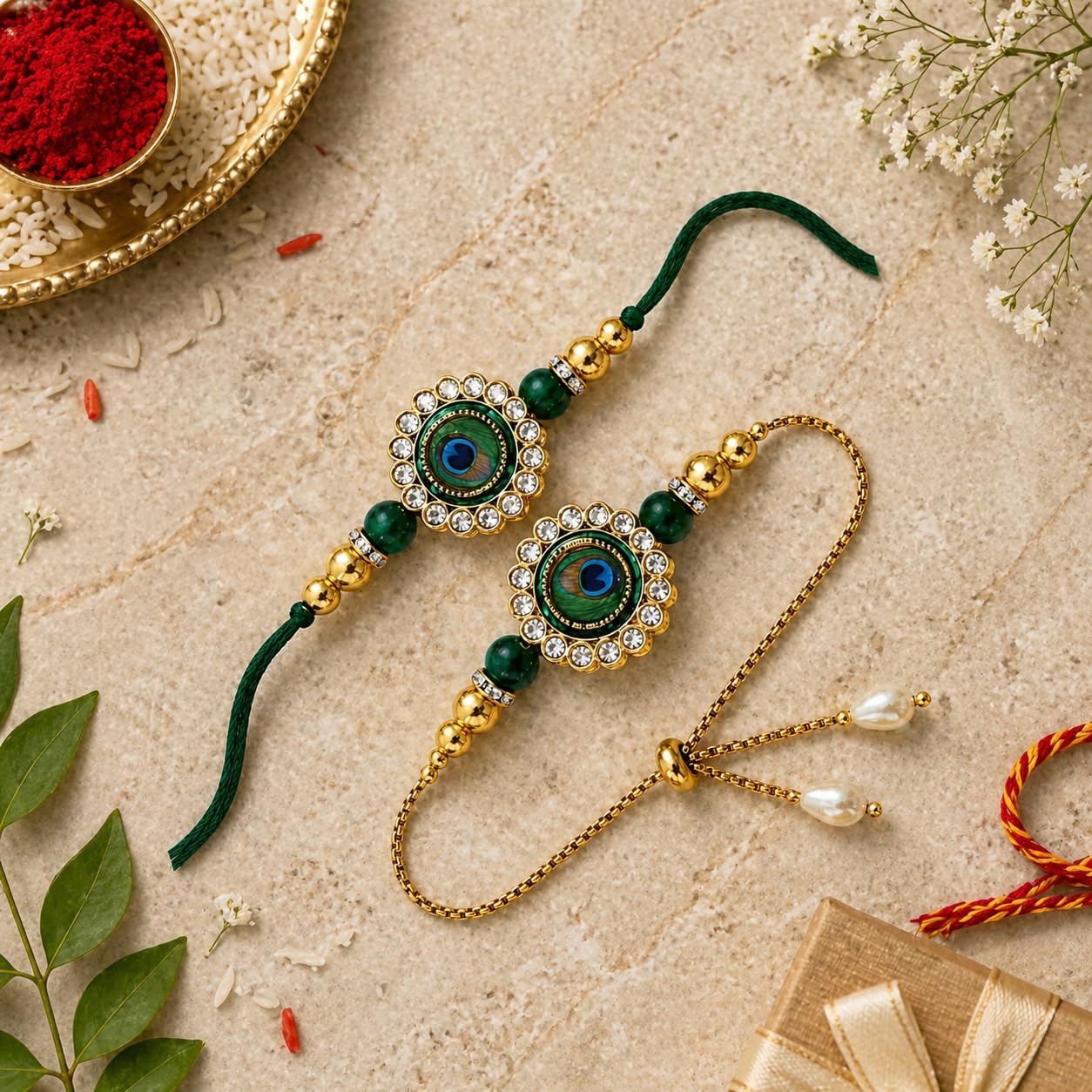 Gold Kundan Rakhi Set - Raksha Bandhan Gift -3 Gold Kundan Rakhi Set - Raksha Bandhan Gift -3
