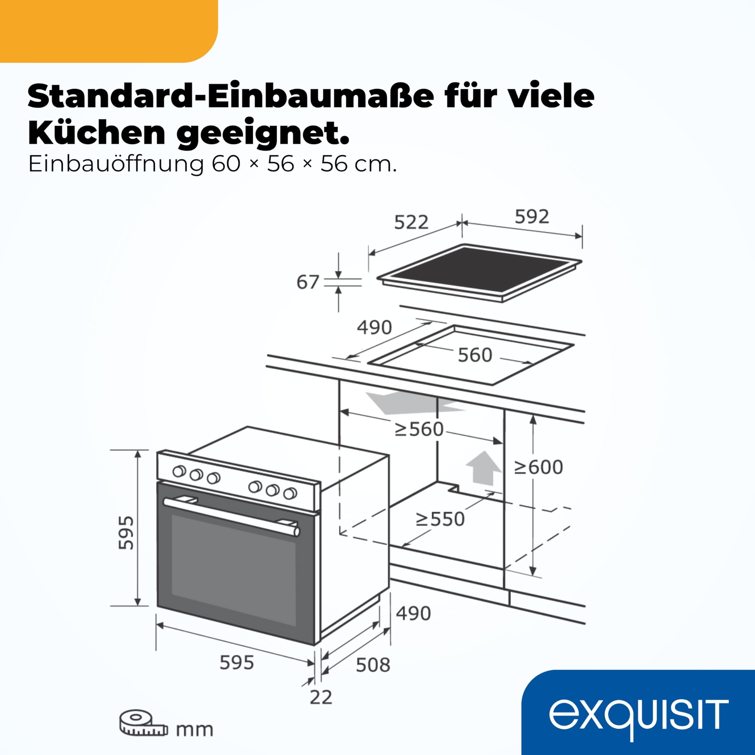 Exquisit Einbauherd mit Glaskeramikkochfeld 75L 9800W Energieklasse A EHE5285-HBZ-020