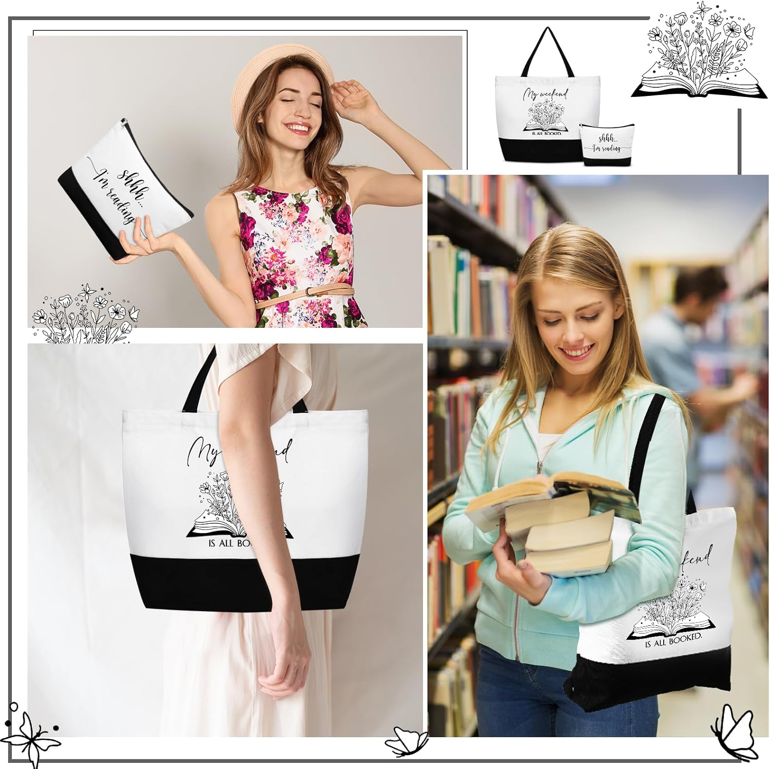 Buryeah 2 Pcs Book Club Gifts for Women Book Lovers Reusable Tote Bag Makeup Bag Bookish Teacher Librarian Library Readers(Classic) - Image 5